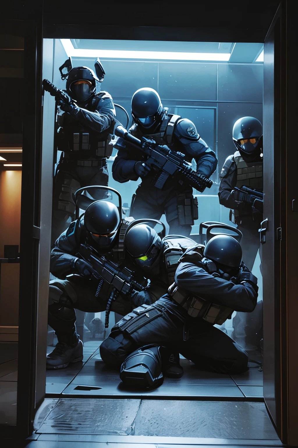 a comic page of a group of advanced special forces soldiers with baggy advanced gear. There gear is bulbous and encompassing, halo marines, They are tactically moving through a building, Comic book art, vivid line art, dark line art, dramatic light and dark lighting