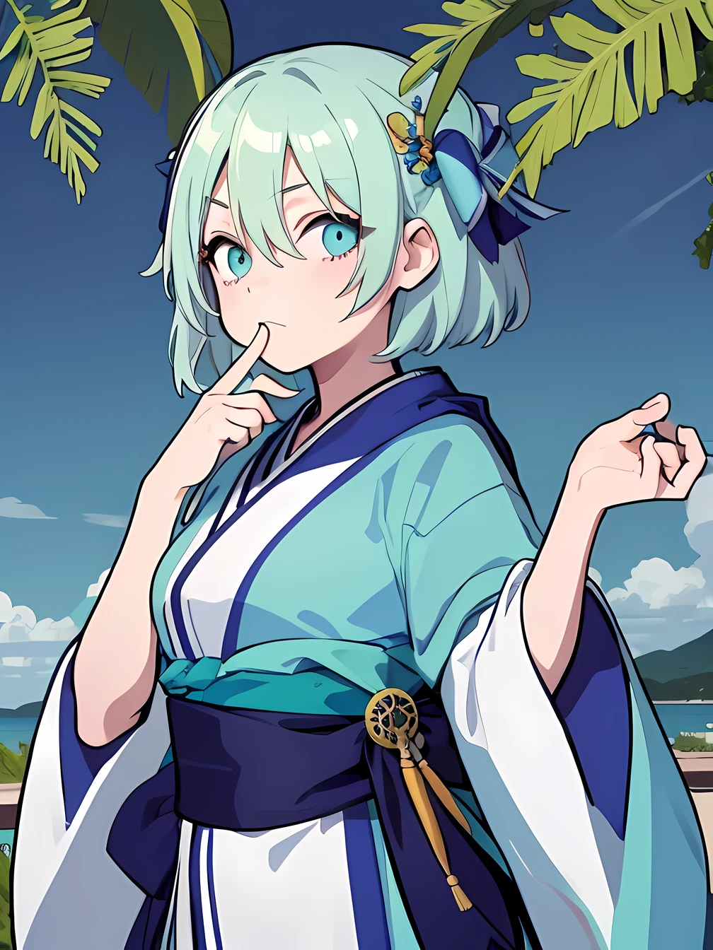 masterpiece, best quality, highres, 1girl, short green pastel hair, blue kimono, looking at viewer, scarf covering mouth, japanese clothes, 300daysb4hny