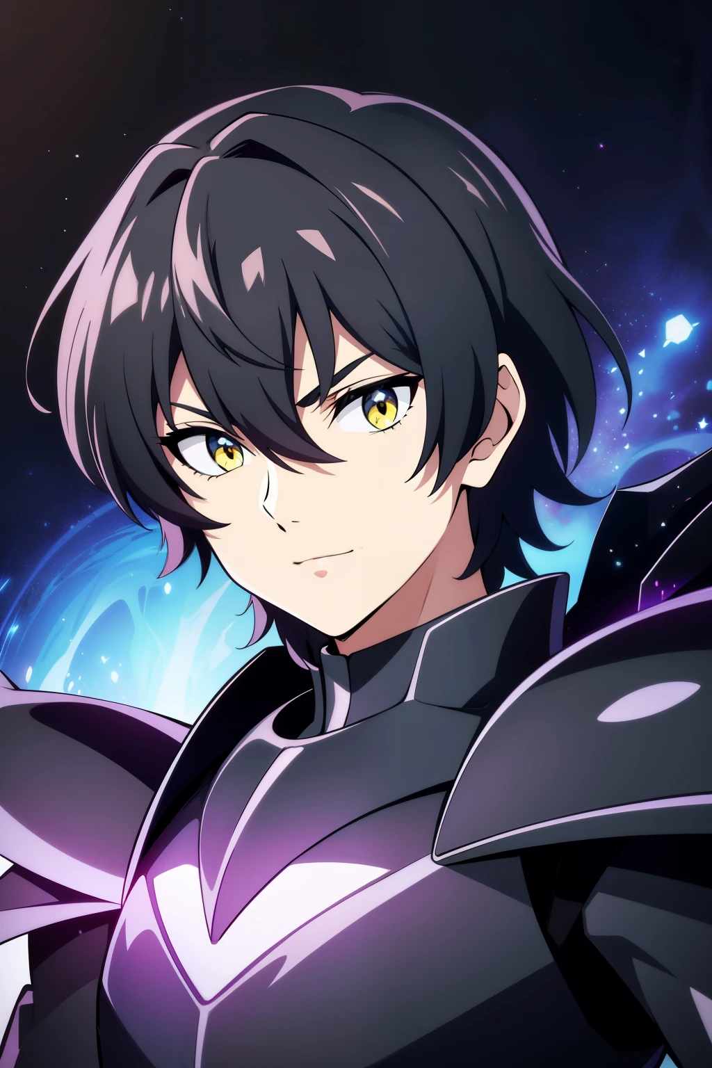 (high-quality, breathtaking),(expressive eyes, perfect face), 1boy, male, solo, half body, armor, dark onyx purple armor, saint seiya armor, spectre armor, fantasy armor, black hair, short length hair, bright yellow eyes, black background, small smile, zoom out, stylized hairstyle, narrow eyes, bust shot, portrait, black and purple background
