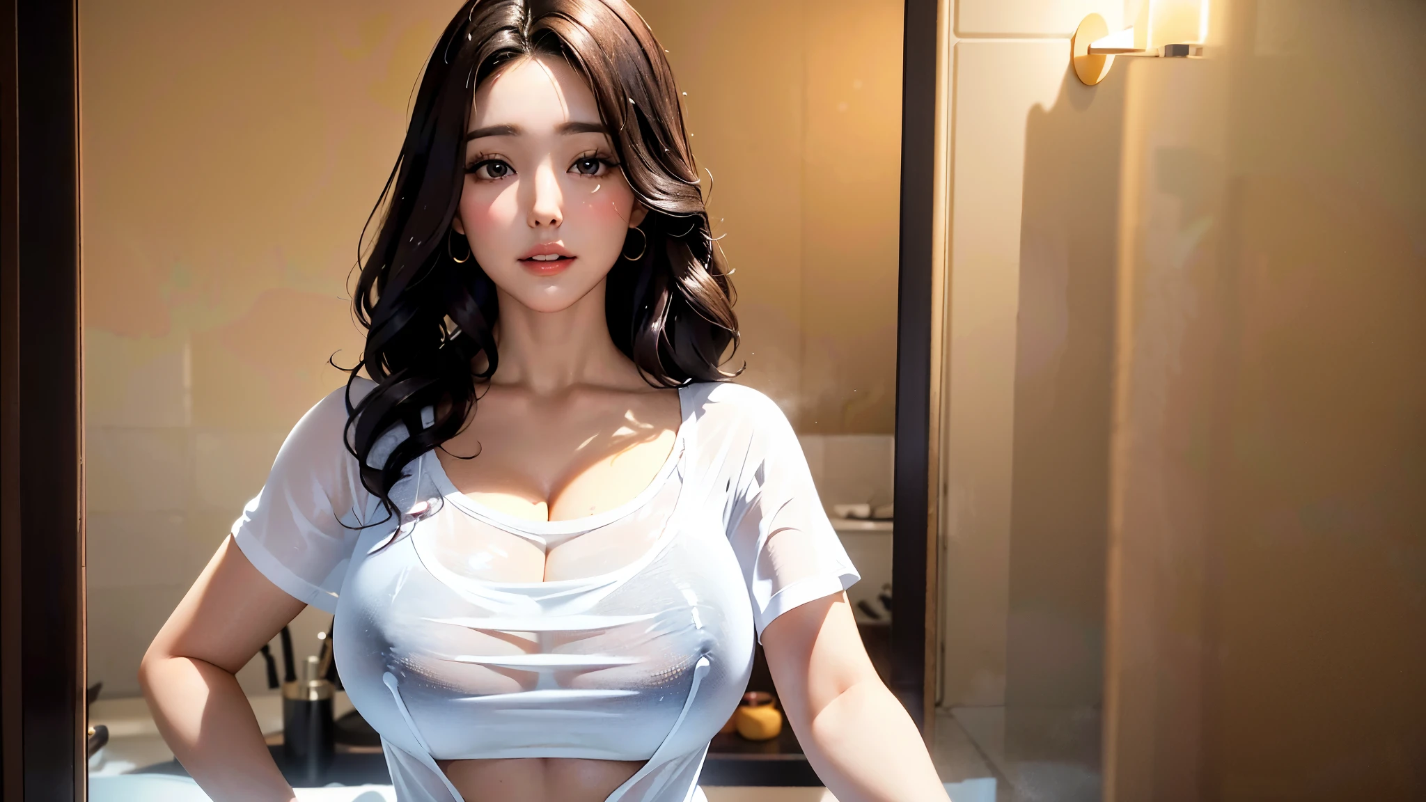 pretty 28 year old brunette girl with long black curly hair, she is curvy with a big chest, she wears a transparent white t-shirt and poses in front of her camera in her bathroom. She alone in the photo. High quality and hyperrealistic 4K 8K sexy photo in a bathroom. she has an arab type