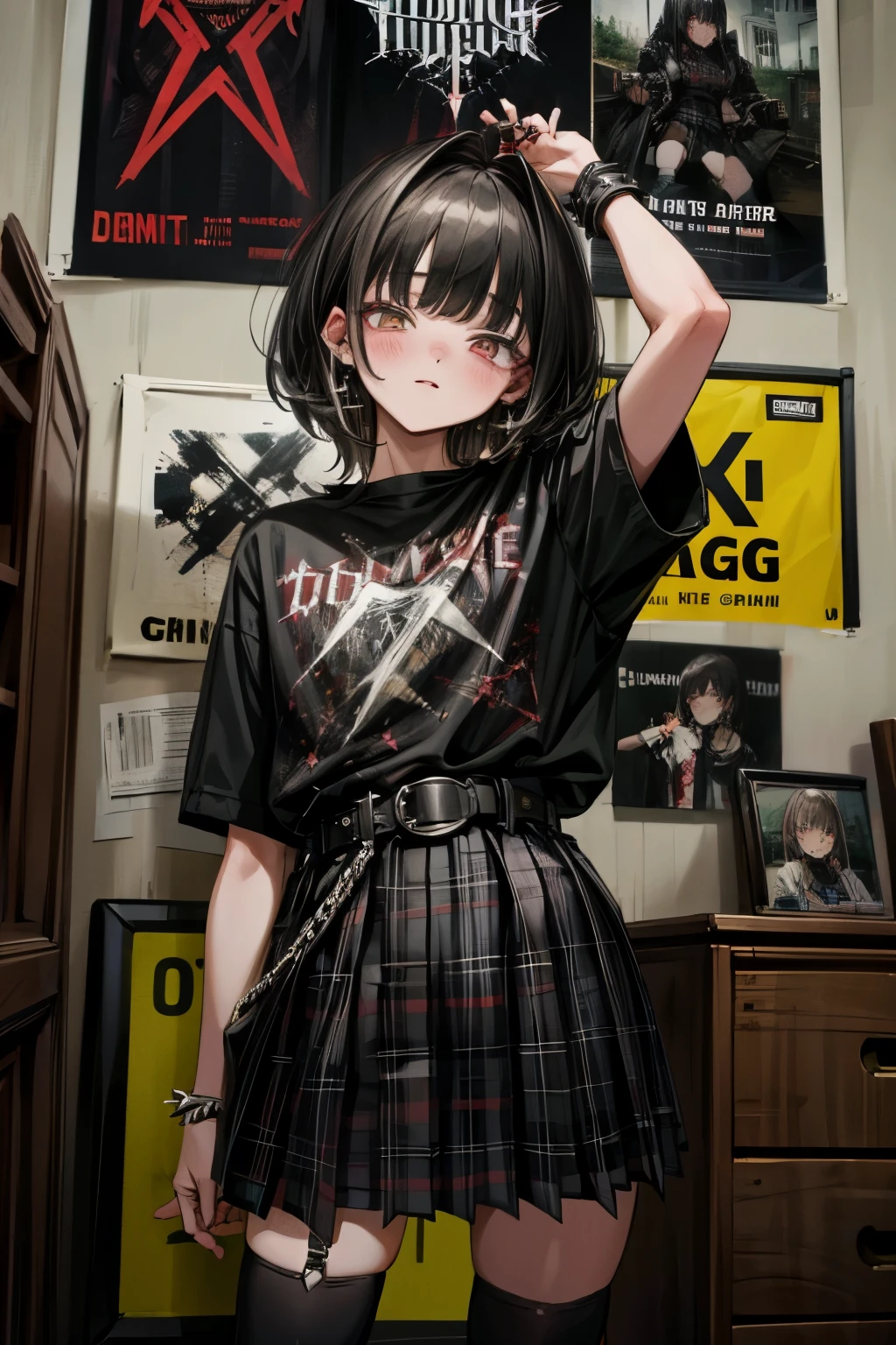 1girl, solo, skirt, plaid skirt, looking at viewer, medium hair, shirt, cowboy shot, profanity, jewelry, plaid, cross, black shirt, belt, earrings, blush, yellow eyes, black skirt, spiked armlet, head tilt, thighhighs, black hair, television, standing, heterochromia, parted lips, red eyes, indoors, english text, bangs, hand up, short sleeves, latin cross, black thighhighs, cross earrings, speaker, poster \(object\), arm up, pleated skirt, pentagram, black belt, single thighhigh 