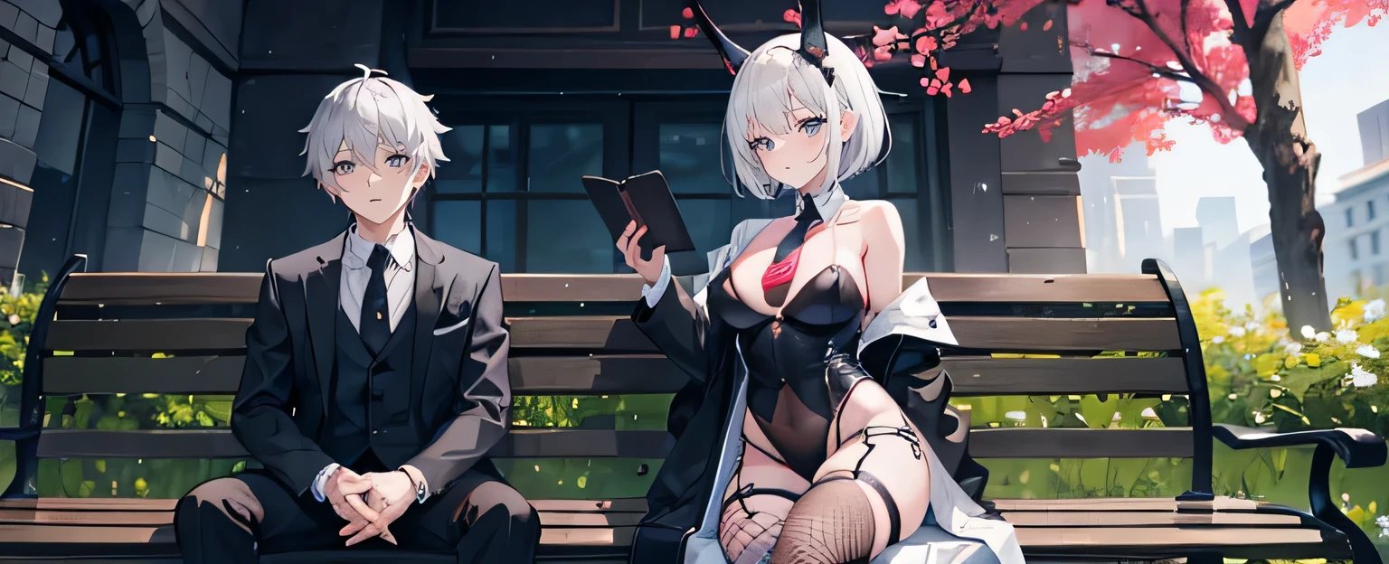 anime character and woman in lingerie sitting on bench next to each other, 1girl, 1boy, thighhighs, fishnets, breasts, necktie, black jacket, jacket, short hair, high heels, white hair, black vest, large breasts, fishnet thighhighs, horns, black footwear, leotard, vest, black pants, night, off shoulder, looking at viewer, grey eyes, pants, outdoors, sitting