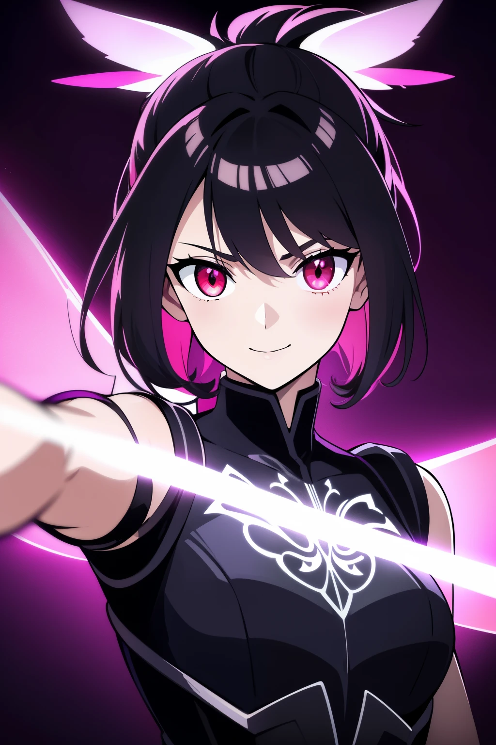 1girl, fairy girl, small, fairy wings, ((glowing pink fairy wings)), (fairy wings), Black hair color, ponytail hairstyles, short ponytail, red eye color, wearing leather armor, silver shoulder pads, black clothes,(glowing eyes), high resolution, extremely detailed CG unity 8k wallpaper, ((masterpiece)), ((top-quality)), (beautiful illustration), ((an extremely delicate and beautiful)), (masterpiece, Best quality, ultra high resolution), 1 girl, pale skin, Black Crown, red eyes, Luminous_eyes, neon red eyes, ultra detailed eyes, Beautiful and detailed face, detailed eyes, (Centered, torso), (wide shot:0.9), facing the viewer, Eye level, (floating hair), character focus, ((black light)), ((dark lighting)), cinematic lighting ,(darkness), (concept art), ((energetic face)), wide open smile, waving excitedly, dark black hair, ((red eyes))
