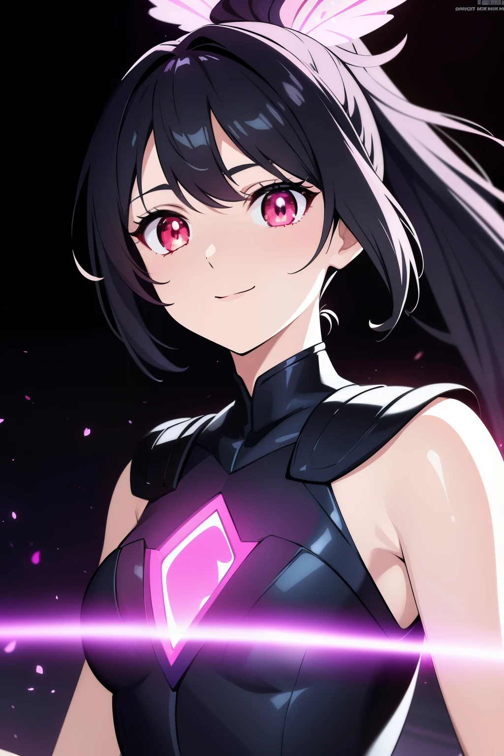 1girl, fairy girl, small, fairy wings, ((glowing pink fairy wings)), (fairy wings), Black hair color, ponytail hairstyles, short ponytail, red eye color, wearing leather armor, silver shoulder pads, black clothes,(glowing eyes), high resolution, extremely detailed CG unity 8k wallpaper, ((masterpiece)), ((top-quality)), (beautiful illustration), ((an extremely delicate and beautiful)), (masterpiece, Best quality, ultra high resolution), 1 girl, pale skin, Black Crown, red eyes, Luminous_eyes, neon red eyes, ultra detailed eyes, Beautiful and detailed face, detailed eyes, (Centered, torso), (wide shot:0.9), facing the viewer, Eye level, (floating hair), character focus, ((black light)), ((dark lighting)), cinematic lighting ,(darkness), (concept art), ((energetic face)), wide open smile, waving excitedly, dark black hair, ((red eyes))