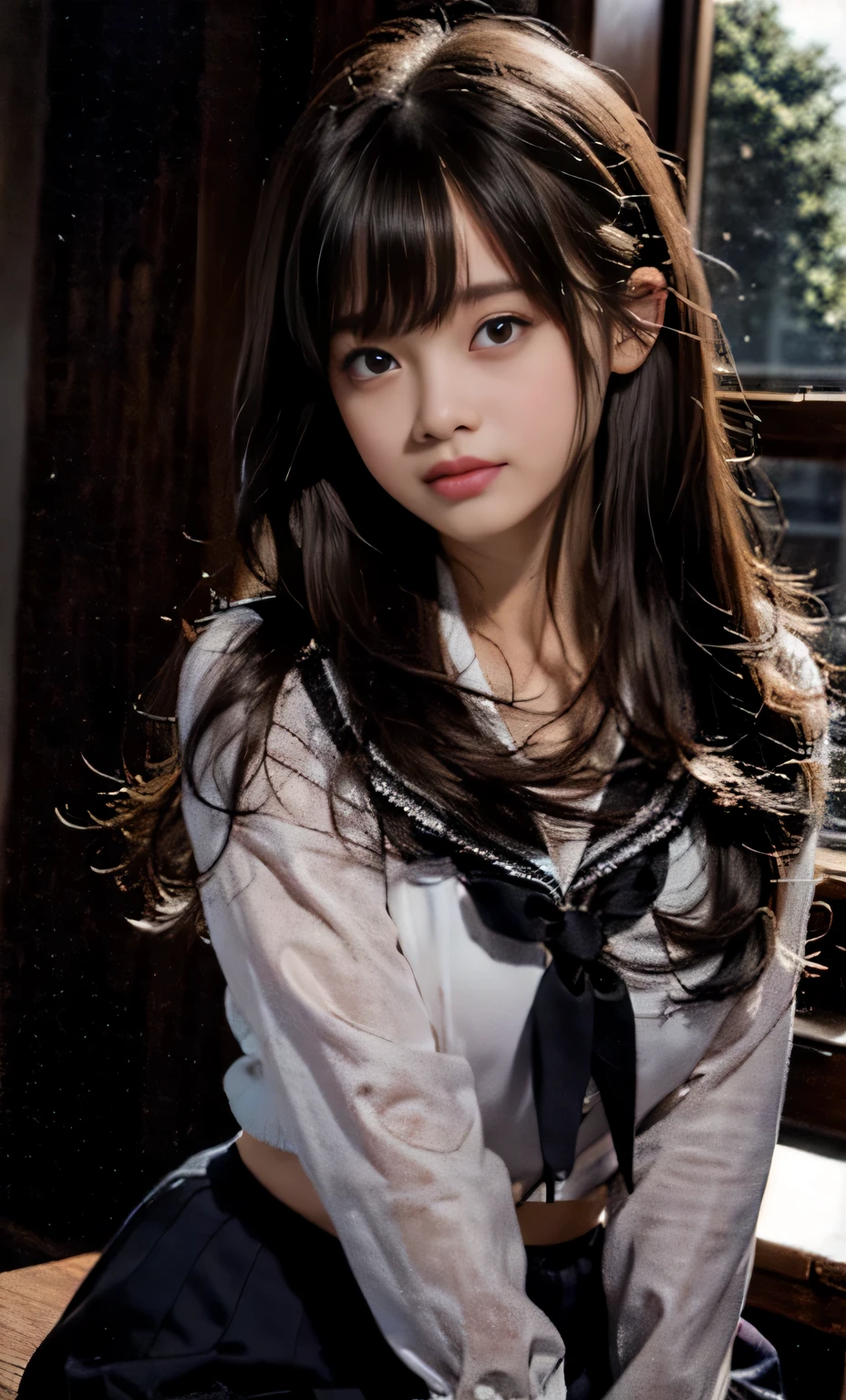 (8K, Raw photo, realistic:1.25) ,{( lip gloss), eyelash, shiny face, Glossy skin}, {highest quality, ultra high resolution}, Depth of written boundary, chromatic aberration, caustics, wide range lighting, natural shading,){ Look at the viewer with a calm expression::18-year-old, happiness like a goddess}}., high school classroom, {{sailor suit:See-through:pink good}}, {mini skirt}