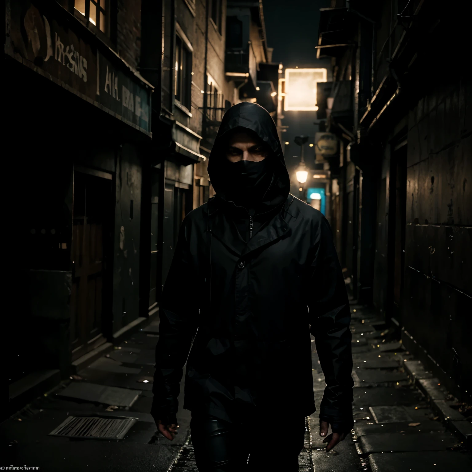 
Es ist fotorealistisch. The whole scene is very dark and eerie! in der ferne ist ein schwaches licht. The sky is dark because it is night. A mysterious hacker named Enigma appears. His face remains obscured by an impenetrable shadow, as he wanders through deserted alleys and obscure codes. It&#39;s a very dark alley.