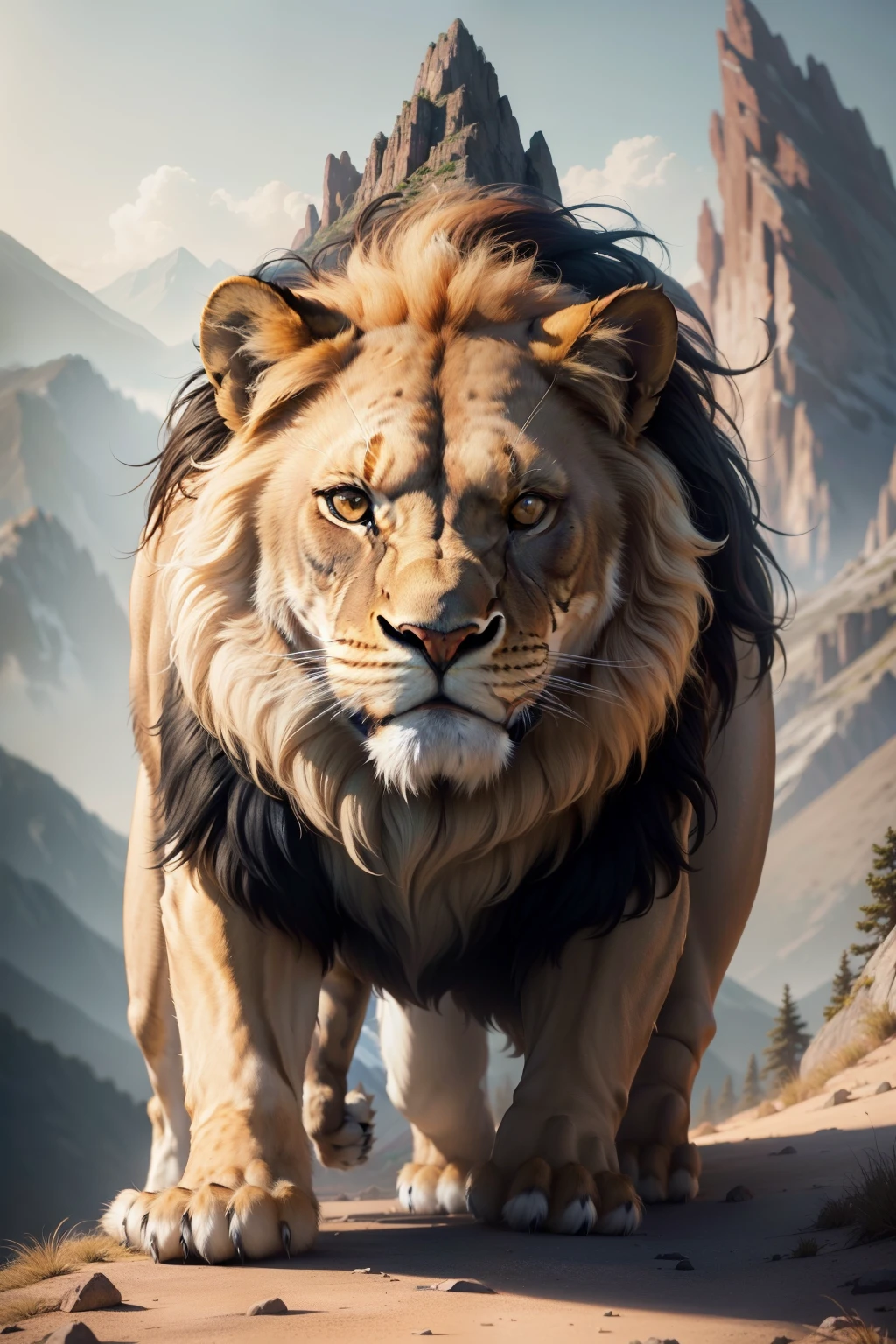 Ultra-realistic image of a fierce lion in full roar, poised atop a towering mountain peak as the sun bathes the scene in warm afternoon light. The lion's muscular body and intricately detailed mane are vividly brought to life, every vein and every whisker visible in this great resolution, 8k image. The lion's intense gaze is focused on a tiny ant, crawling determinedly on the tip of a mountain crag, casting a mere shadow beneath it in the soft sunlight. The intricate texture of the lion's fur, the sharpness of its claws, and the lifelike quality of its roaring mouth are all striking elements of this ultra