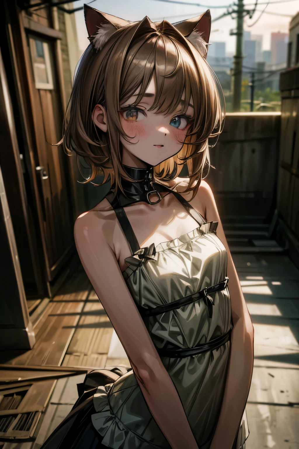 ((Masterpiece)), (Anime:1.3), ((best quality)), (RAW photo: 1.2), (High Definition:1.3), (Professional Photography:1.2), ((12 years old)),1girl, 8K, cinematic lighting, very messy hair,(portrait), narrow lane, (sunset), Glossy lips, (slightly exposed small breast), (loose white sexy camisole), Slender small breasts,big cute smile, slum townscape, Textured skin, cat ears, pale brown hair, Cute Beautiful girl, heterochromia, 
