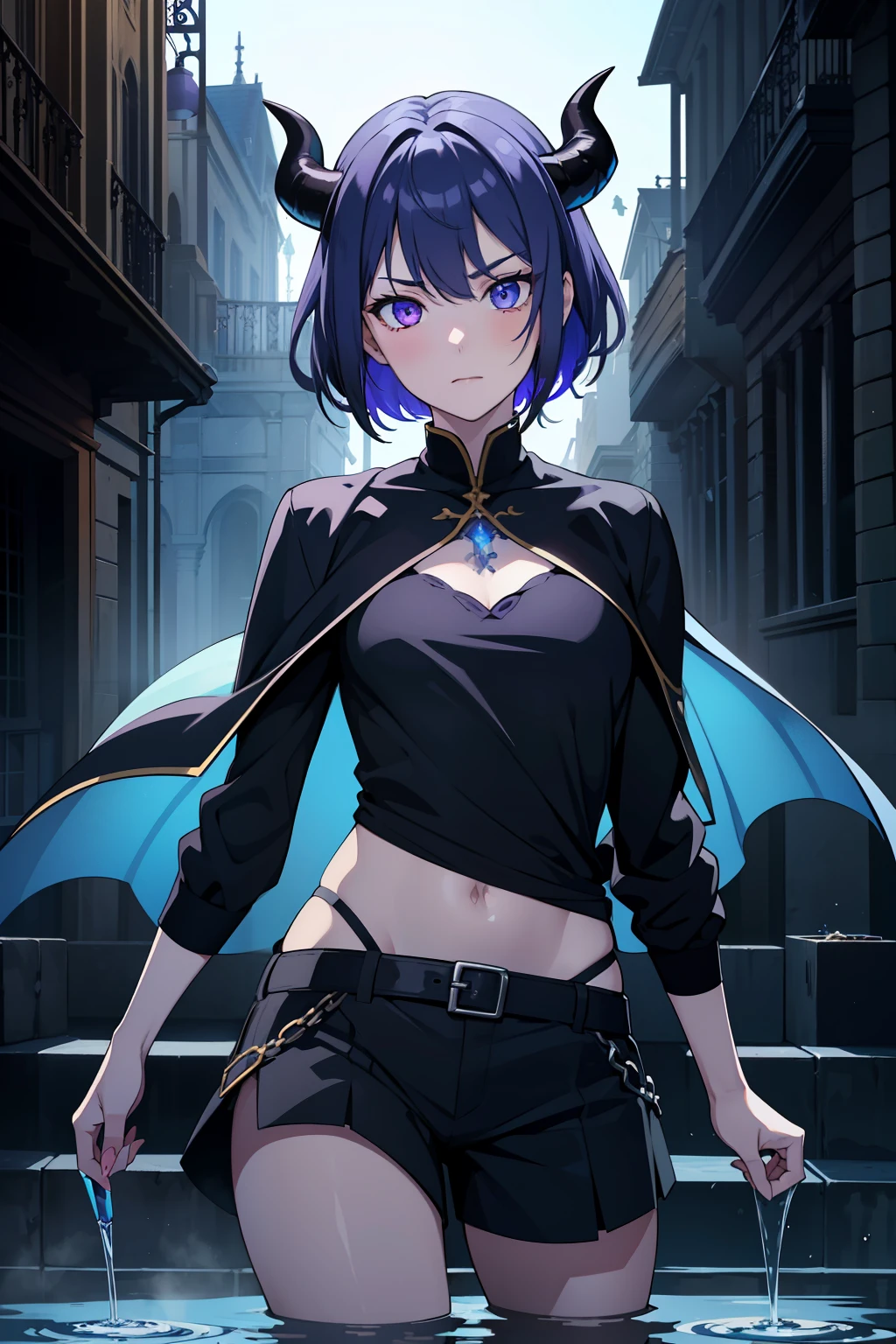 1 girl ,(big Stigmata), non binary, androgynous, School courtyard, (floating hair), ((in courtyard fountain)), character focus, ((black light)),((dark lighting)), cinematic lighting ,(darkness), (concept art), ((lustful face)), blue short straight hair, light blue hair color, dragonoid girl, short, short blue hairy, glowing bluish-purple horns, bluey-purple eye color, (glowing eyes), high resolution,(incredibly absurdres) ,extremely detailed CG unity 8k wallpaper, ((masterpiece)), ((top-quality)), (beautiful illustration), ((an extremely delicate and beautiful)), (masterpiece, Best quality, ultra high resolution), 1 girl, pale skin, Black Crown, purple eyes, Luminous_eyes, neon blue eyes, ultra detailed eyes, Beautiful and detailed face, detailed eyes, (Centered, torso), (wide shot:0.9), facing the viewer, Eye level, flat chested, flat chest, cup size AAA, Wearing black cargo shorts, sharp horns, blue horns on top of head, sexy, sexy pose, blushing