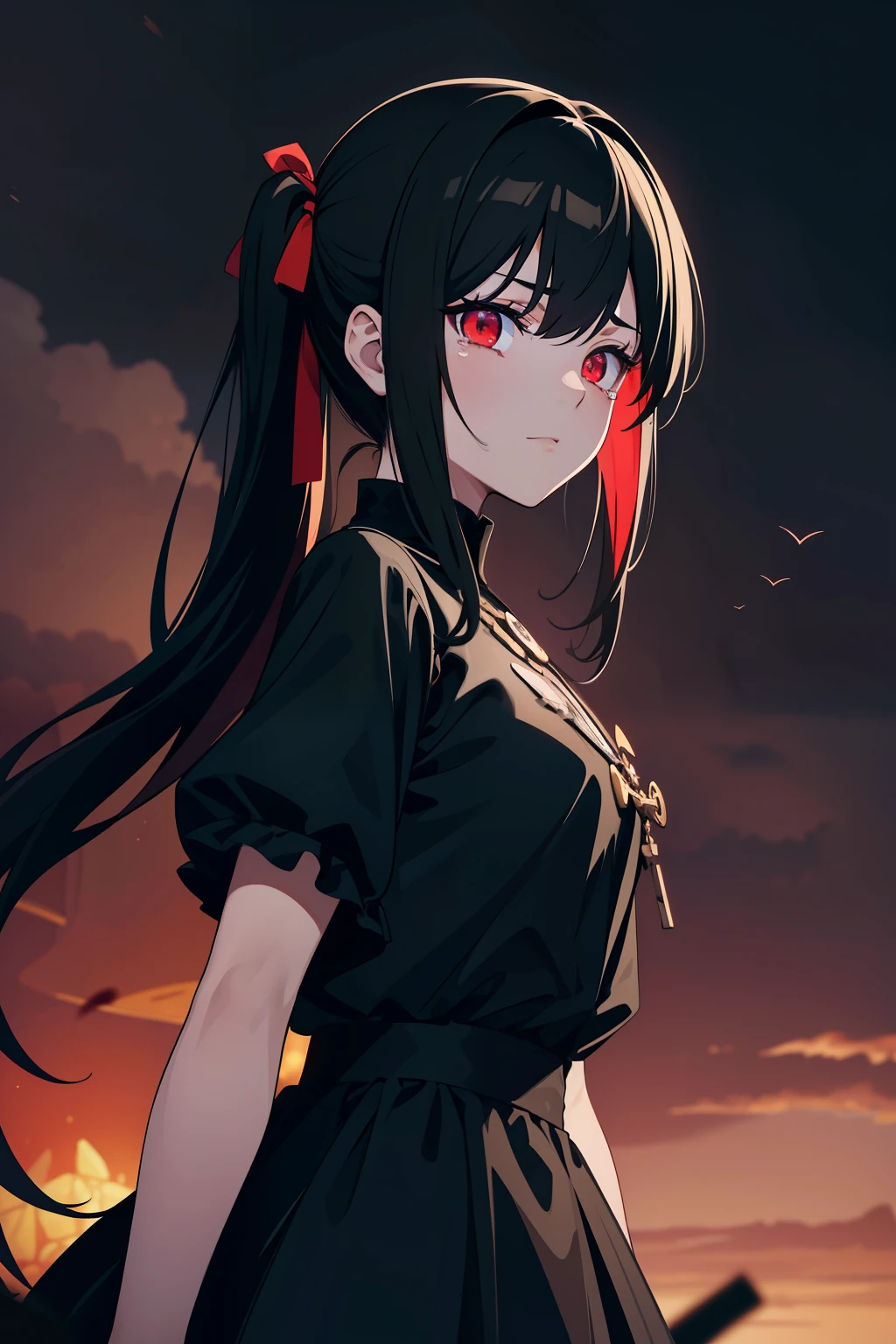 1 girl ,(big Stigmata) , ruined church, bloody rosary , (floating hair, floating skirt), ((blood sea)),from side, character focus, ((black light)),((dark lighting)), cinematic lighting ,(darkness), (concept art), ((disgust face)) ,black long straight hair, black hair, pigtail hairstyles, long straight pigtails, hair ribbon , red eyes color, black dress, (glowing eyes), high resolution,(incredibly absurdres) ,extremely detailed CG unity 8k wallpaper, ((masterpiece)), ((top-quality)), (beautiful illustration), ((an extremely delicate and beautiful)), (masterpiece, Best quality, ultra high resolution), 1 girl, black T-shirt, Black hair, pale skin, Black Crown, red eyes, Luminous_eyes, neon eyes, ultra detailed eyes, Beautiful and detailed face, detailed eyes, (Centered, torso), (tears), (wide shot:0.9), facing the viewer, Eye level