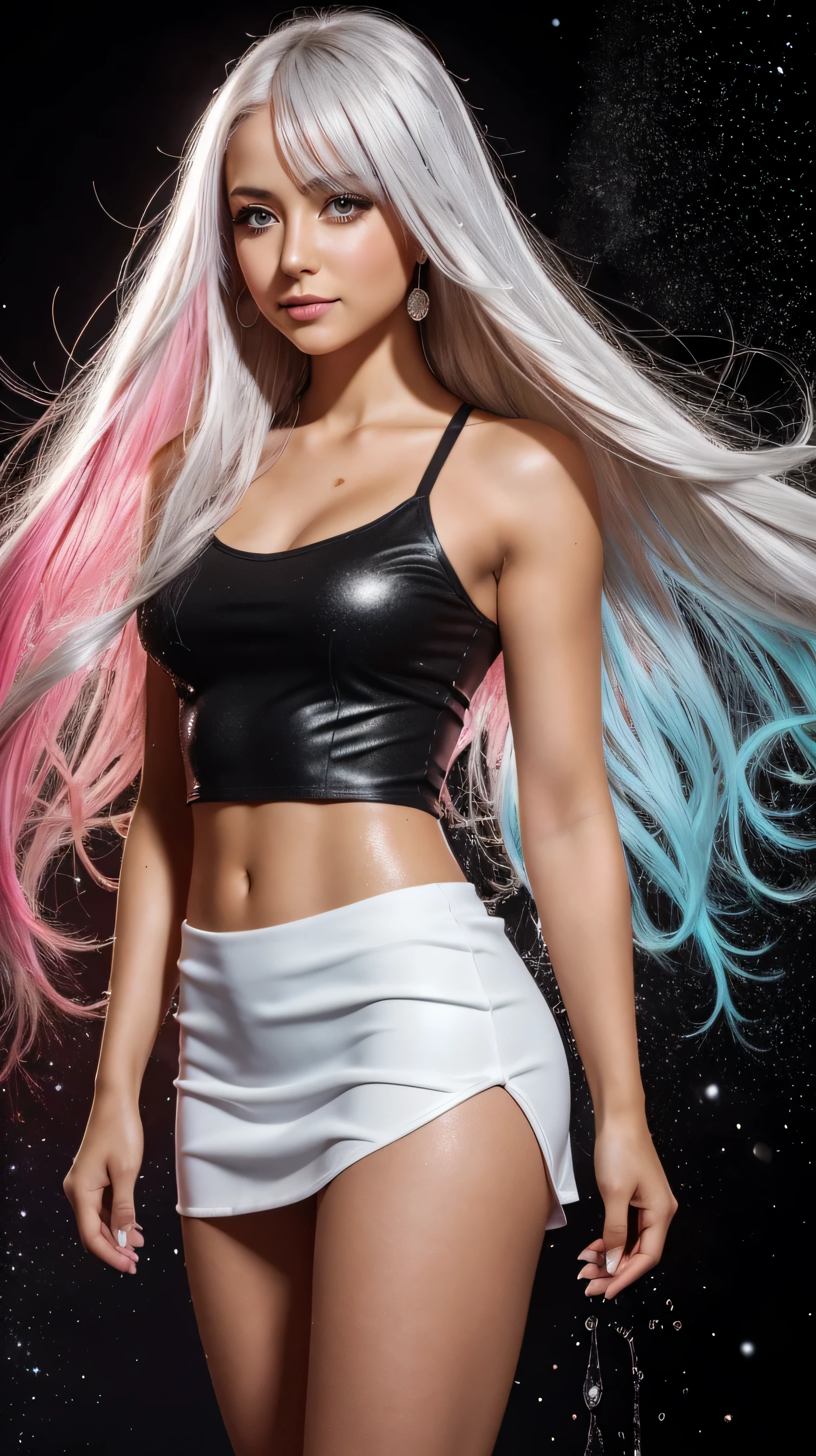 The spotlight is on a girl in a short black and red minidress.., High detail, realistic beautiful girl with long light yellow hair, Gradient ,girl with good charisma, creative approach to non-standard poses,., Girl in miniskirt, there are splashes of silver dust, and behind it is a nebula, atmospheric lighting, surrounded by wet dew drops, behind the fantasy world, on a beautiful background, glare, shine, shine, spray drops, high quality, 8k Ultra HD, high contrast, high quality, Soft light, Close-up of a beautiful realistic girl with BRIGHT WHITE TURQUOISE and pink long hair......... ,Close-up of clean skin with detailed skin ,full length, in a short miniskirt,
preparation