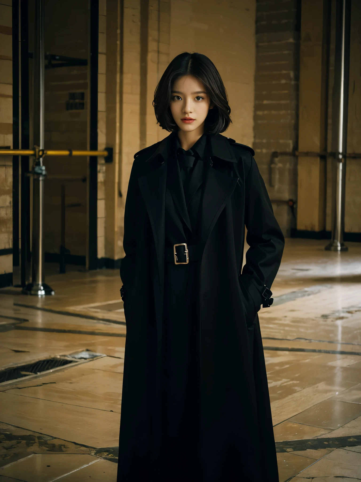 Best quality at best,tmasterpiece,ultra high resolution,(realness:1.4),RAW photogr,Cinematic texture,1 cool girl,Tall and tall，Dressed in black，black long trench coat，standing in the plain background，looks into camera，fashion photoshoot, black bob hair, gorgeous eyes