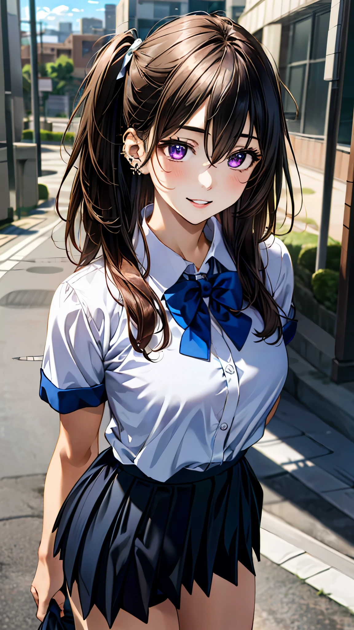 (masterpiece:1.3, top-quality, ultra high res, ultra detailed), (realistic, photorealistic:1.4), beautiful illustration, perfect lighting, colorful, depth of fields,
beautiful detailed hair, beautiful detailed face, beautiful detailed eyes, beautiful clavicle, beautiful body, beautiful chest, beautiful thigh, beautiful legs, beautiful fingers,
looking at viewer, front view:0.6, 1 girl, japanese, high school girl, perfect face, (perfect anatomy, anatomically correct), cute and symmetrical face, babyface, , shiny skin,
(long hair:1.5, (two side up:1.2), dark violet hair), hair between eyes, dark purple eyes, long eye lasher, (medium breasts), slender,
((short sleeve collared white shirt, steel blue pleated skirt)), dark red bow tie, piercing,
(beautiful scenery), evening, (street, cityscape in the distance), walking, arms behind back, (happy smile, parted lips),