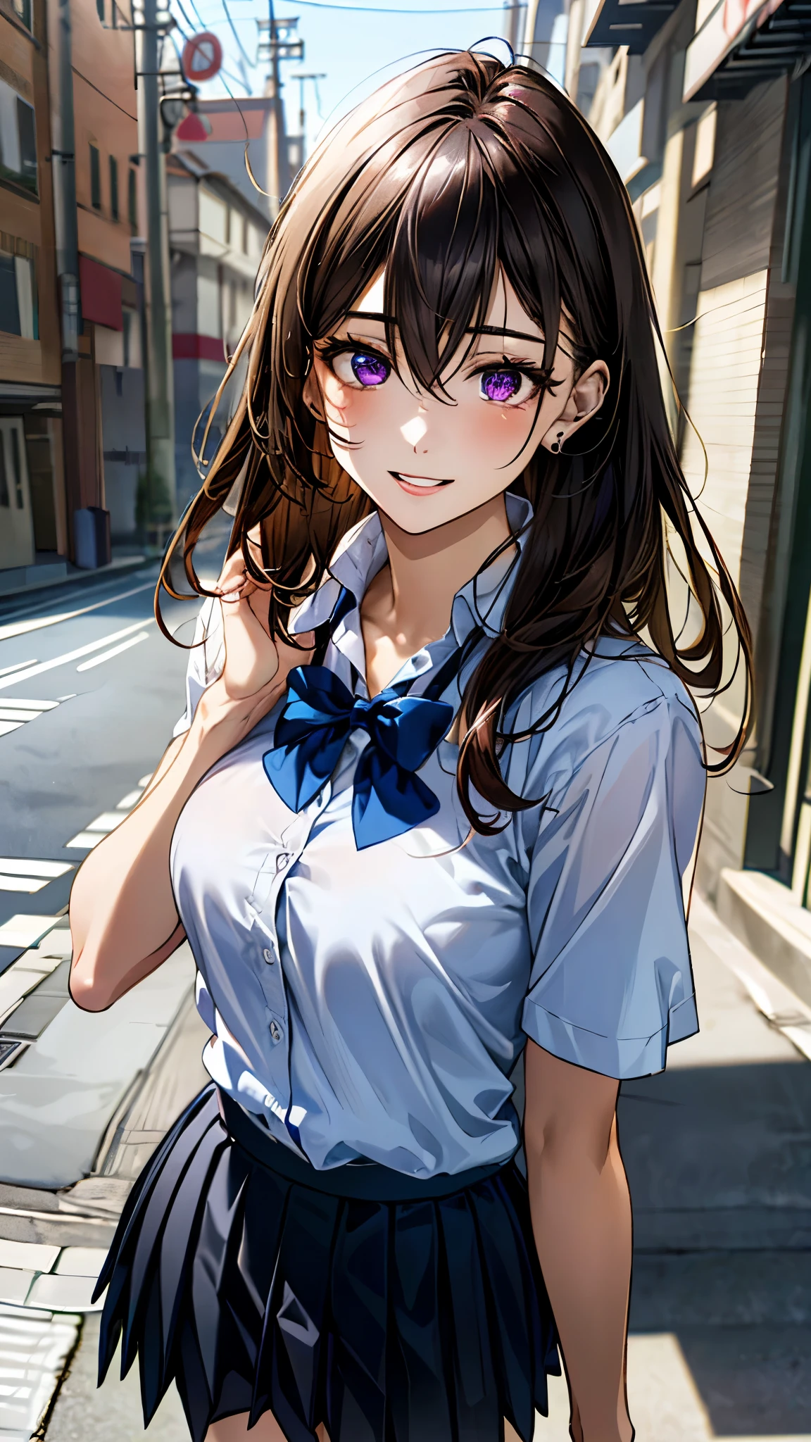 (masterpiece:1.3, top-quality, ultra high res, ultra detailed), (realistic, photorealistic:1.4), beautiful illustration, perfect lighting, colorful, depth of fields, 
beautiful detailed hair, beautiful detailed face, beautiful detailed eyes, beautiful clavicle, beautiful body, beautiful chest, beautiful thigh, beautiful legs, beautiful fingers, 
looking at viewer, front view:0.6, 1 girl, japanese, high school girl, perfect face, (perfect , anatomically correct), cute and symmetrical face, babyface, , shiny skin, 
(long hair:1.5, (two side up:1.2), dark violet hair), hair between eyes, dark purple eyes, long eye lasher, (medium breasts), slender, 
((short sleeve collared white shirt, steel blue pleated skirt)), dark red bow tie, piercing, 
(beautiful scenery), evening, (street, cityscape in the distance), walking, arms behind back, (happy smile, parted lips), 
