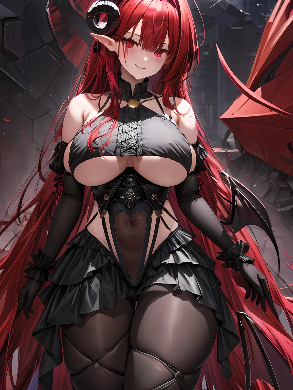 1 girl, long crimson hair, crimson iris, extremly detailed, blushing, succubus, (face perfect:1.1), (high detal:1.1), top-quality, huge breasts, sexy and seductive, wearing black school uiform, skirt, tall women, thicc thighs, wide hips, smile, horny, seductive look, absurdes, high res, ultra sharp, 8k, masterpiece, looking at viewer