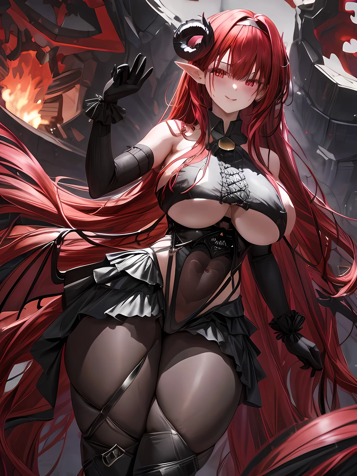 1 girl, long crimson hair, crimson iris, extremly detailed, blushing, succubus, (face perfect:1.1), (high detal:1.1), top-quality, huge breasts, sexy and seductive, wearing black school uiform, skirt, tall women, thicc thighs, wide hips, smile, horny, seductive look, absurdes, high res, ultra sharp, 8k, masterpiece, looking at viewer