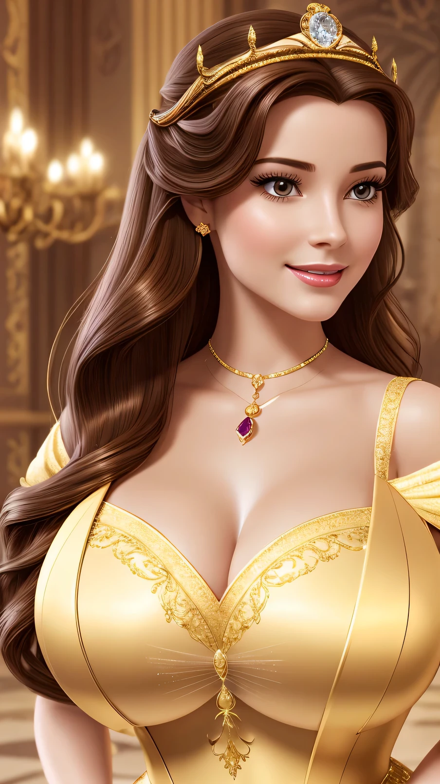 Ultra realistic photography, half body, medium shot of (Princess belle), (Disney's beauty and the beast), majestic, (Unimaginably beautiful princess), enchanting, mesmerising, lifelike, detailed realistic silky hair, (detailed face and eyes:1.2), bright glassy hazel eyes, smoky eyes, beautiful eyelashes, highly realistic glistening pearly skin, skin pores, perfect nose, luxurious jewelleries, seductive smile, detailed glossy reddish full lips, curvaceous, sensual, busty, bursting breasts, toned abs, ultra high definition, HDR, 8K, giga pixel, at a magically fantastic palace, volumetric lightings, cinematic 