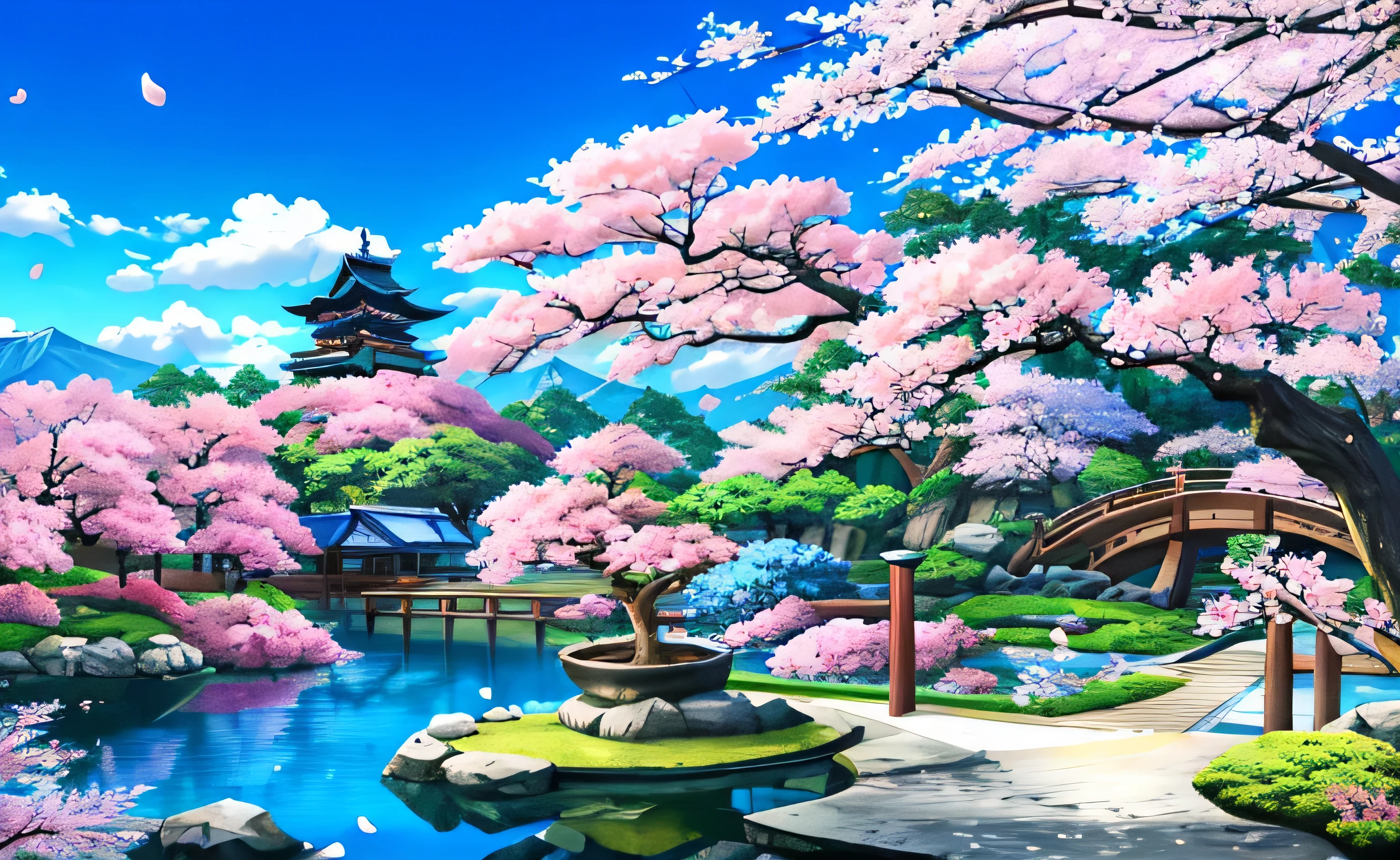 masterpiece, 最high quality, high quality,very detailed、blue sky、landscape、cherry blossoms、Japanese garden、genuine、Super detailed、