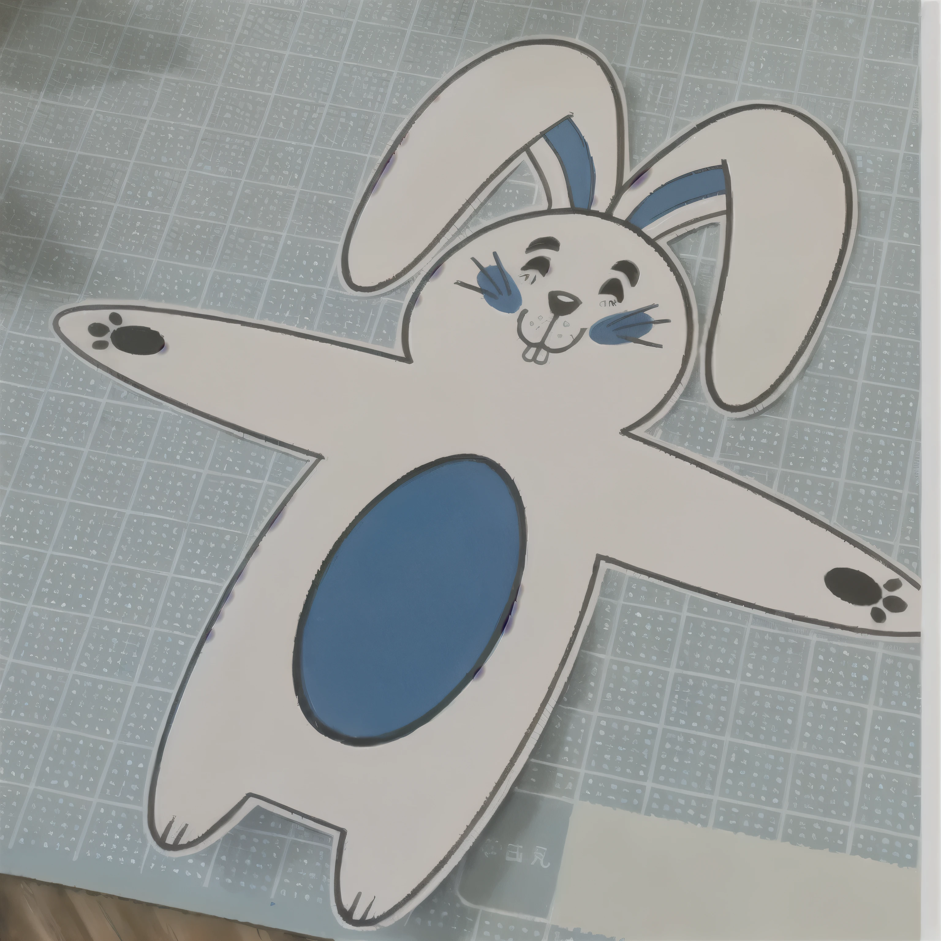 A cute paper Easter bunny mold with white fur and blue fur inside the ear, com algumas manchas azuis, he is happy and excited and has blue spots on his cheek