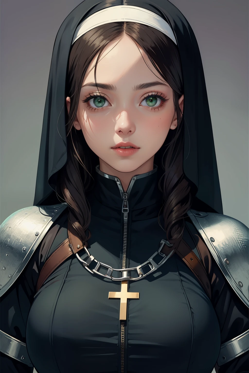 ((best quality)), ((masterpiece)), (detailed), perfect face, sexy female battle nun wearing chainmail armor with long brown hair and green eyes