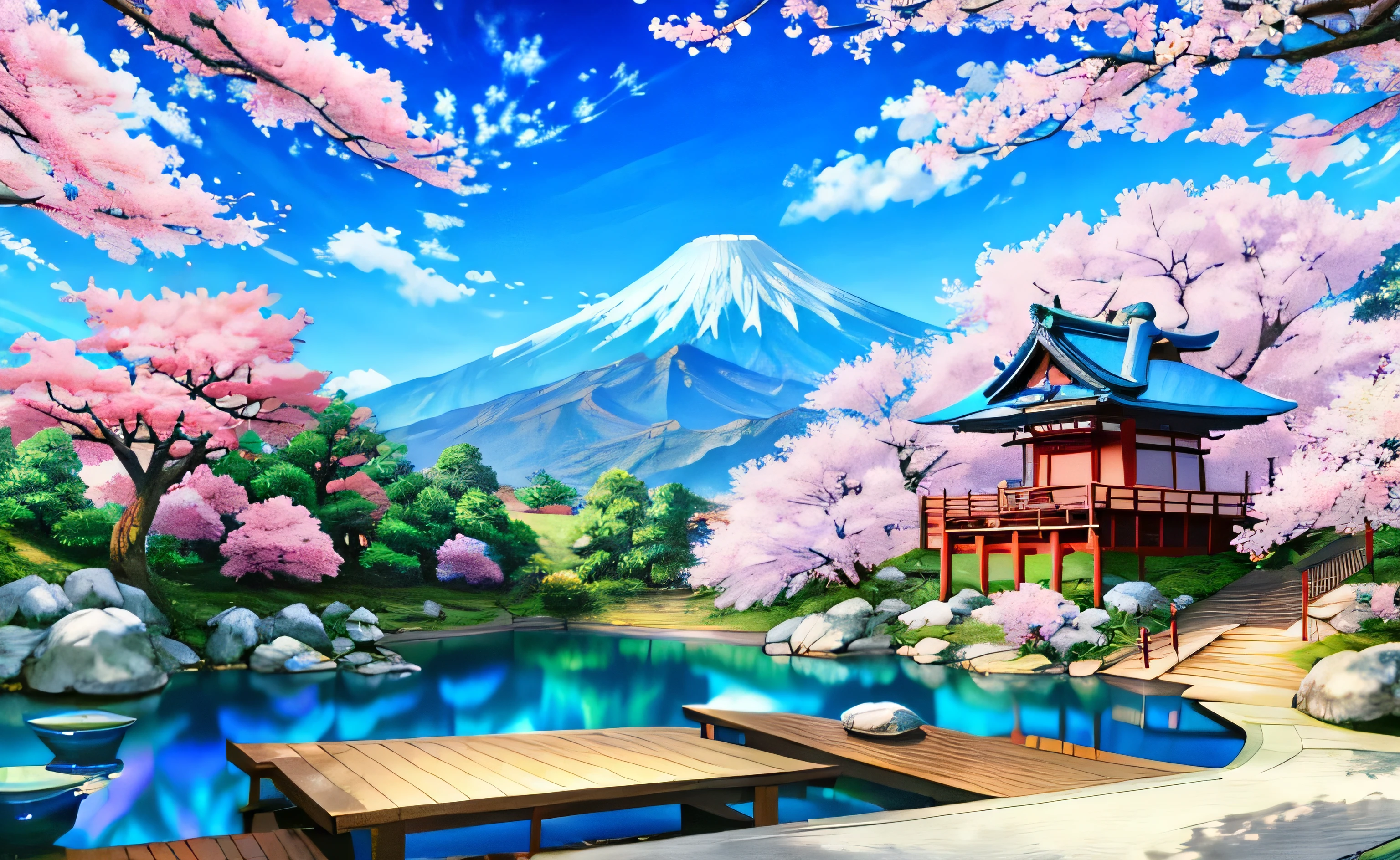 masterpiece, 最high quality, high quality,very detailed、blue sky、landscape、cherry blossoms、Japanese garden、genuine、Super detailed、