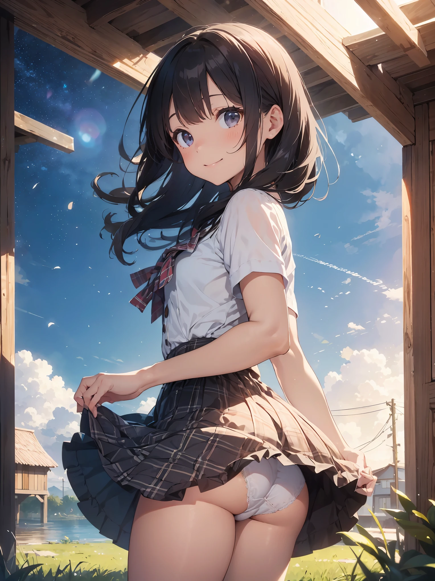 very cute and beautiful girl standing near the window,(White plaid summer dress with detailed ruffles),No sleeve,Fine lace,(skirt lift,white panties),lift up the skirt、Turning up the skirt、Panties are slightly visible、 (very detailed美しい顔),grassland,wooden floating cottage, cowboy shot,(smile),blush,looking at the viewer、look back,back、medium hair,black hair,up hair, (highest quality,masterpiece:1.2),disorganized,High resolution,Super detailed,very detailed,32k,8K resolution, intricate details,movie scene,detailed background,alone,dynamic angle, Natural light,particles of light,beautiful detailed sky,perfect hands,
