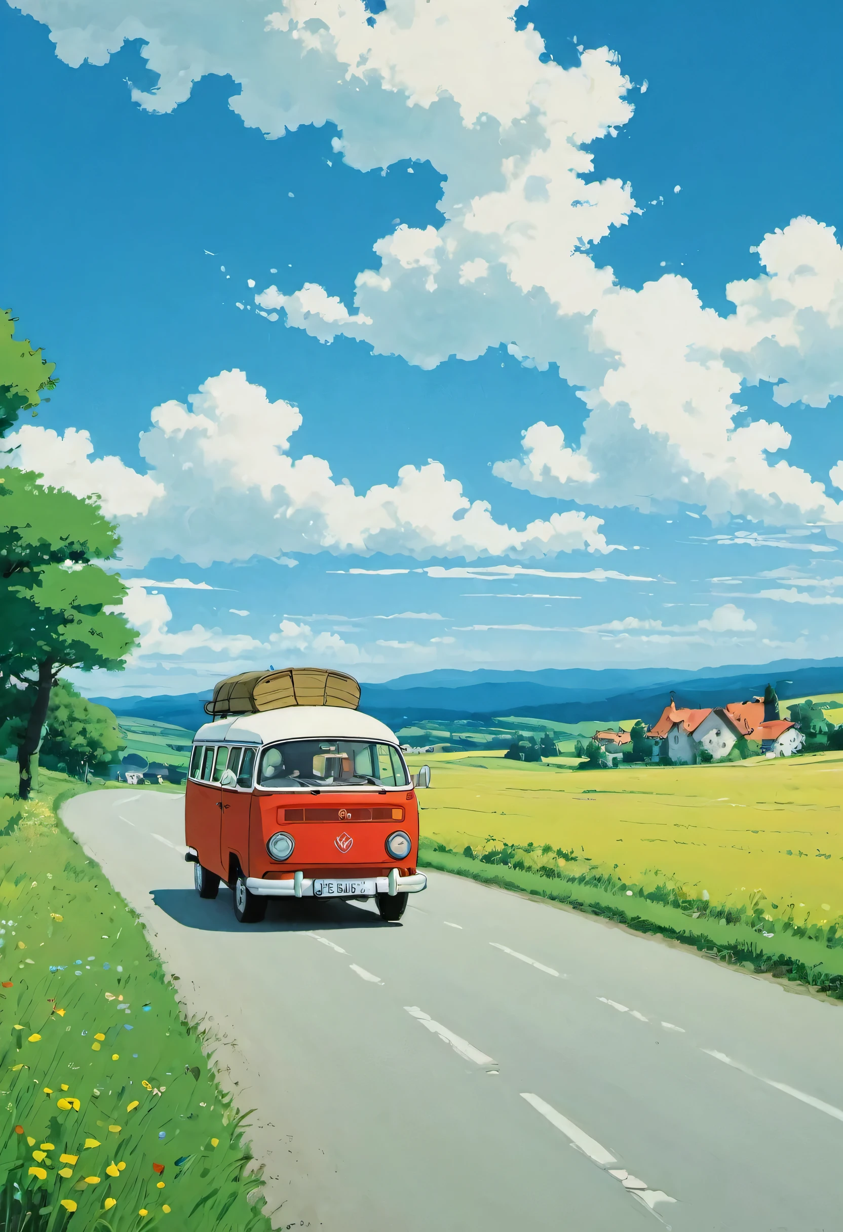 (minimalismo:1.4), a minibus on the road, German from, ghibli studio art, Miyazaki, pasture with blue sky and white clouds