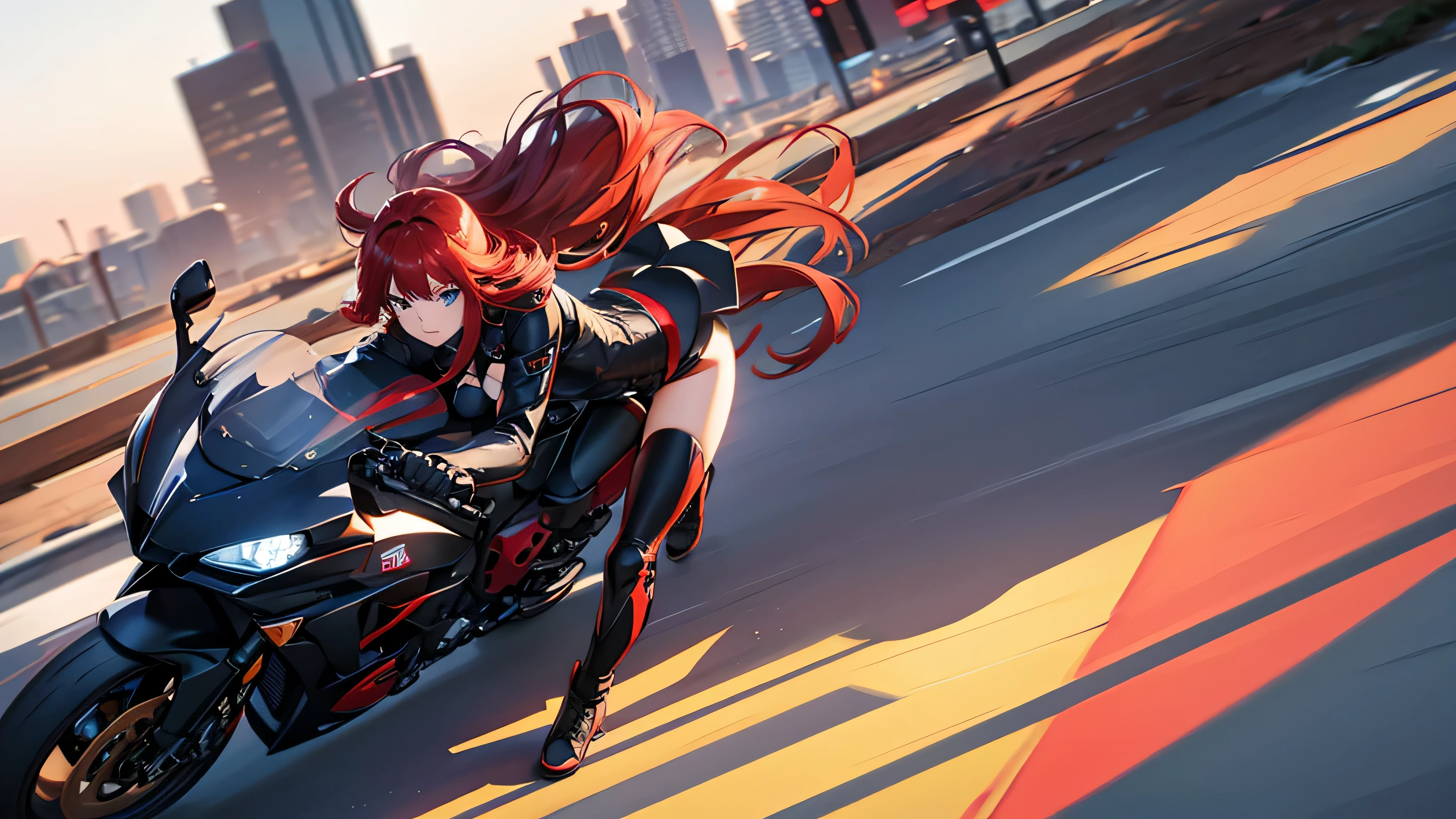 Red Hair Blue eyes cat girl riding a motorcycle