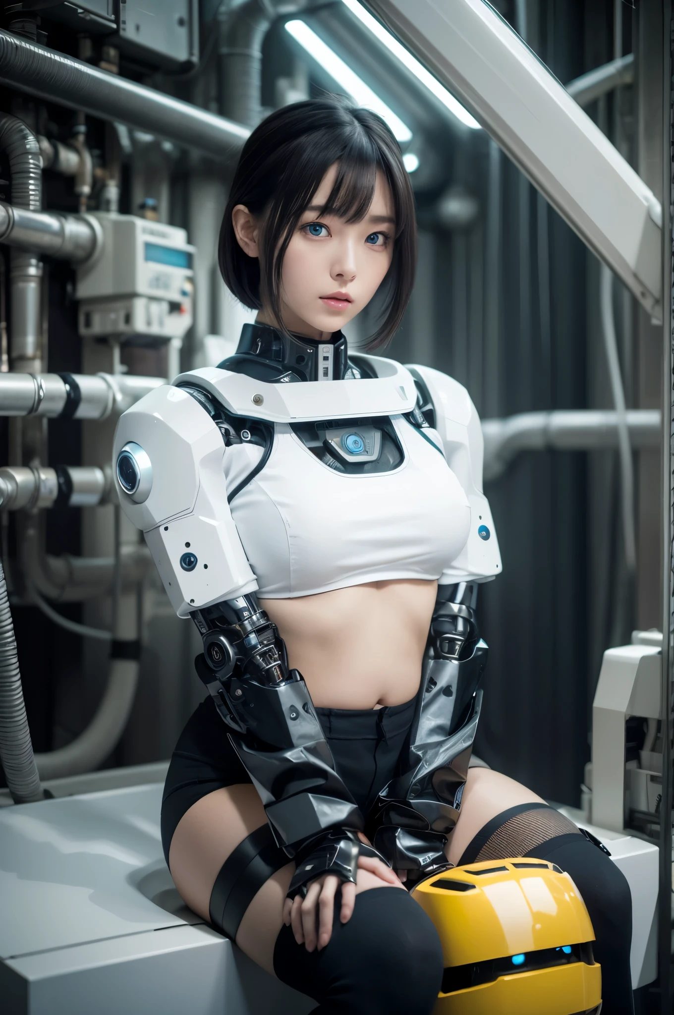 masterpiece, best quality, extremely detailed,8k portrait,Japaese android girl,Plump,control panels,android,Droid,Mechanical Hand, Robot arms and legs, Black hair,Blunt bangs,perfect robot girl,long tube,thick cable connected her neck,perfect android girl,android assembly plant,connecting a cable between the legs,white robot body,hotpants,darkblack knee high socks,blue eyes, 