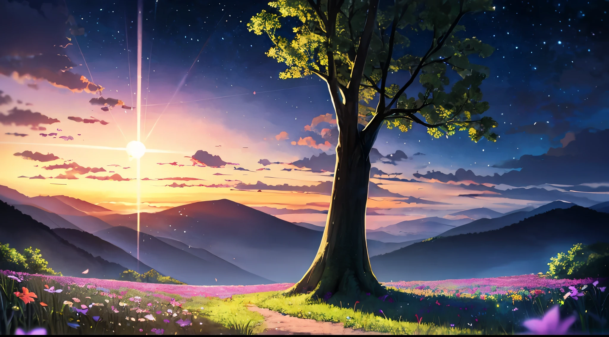 konohagakure aldeia da folha Na calada da noite, A lua brilha intensamente, painting the starry sky with its soft, brilho prateado. em um campo aberto, A solitary tree stands out against the nocturnal landscape. The light of the moon falls on the tree, casting an elongated shadow on the ground. Around the tree, Wildflowers bloom in a spectacle of soft and delicate colors, enquanto pequenos animais noturnos exploram o ambiente tranquilo. The image is rendered with a soft, Ethereal touch, with a slight blur that adds an air of mystery and enchantment. The mood is serene and melancholy, capturando a magia silenciosa da noite iluminada pela lua --ar 16:9 --v 5 --q 2