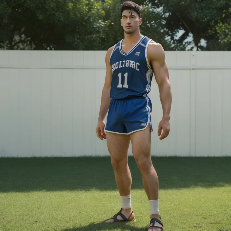 A man stands on the grass, Muscular!!, a Muscular, 8k 50mm ISO 10, 🚿🗝📝, Okan            , wearing volleyball jersey, k hd, advertisement picture, professional sports style, Wearing NBA jersey, Muscular!, , Muscular!!!188cm!Single Eyelids！（（35yo ！）） with short brown hair ！and a short beard, Only shorts！(Show hairy chest muscles), ), (Use a short beard,) headspace！Charming and serious look, （（Stand on the basketball court））, Muscular！, Close shave and secure fit, (High quality, photorealistic image),！ ((quality, 8K, tmasterpiece), super k hd photos, (Details on the face, skin textures, Ultra-detailed body:1.1)High body hair！A high resolution, tmasterpiece, muscular、Short hair details、NSFW、Spacious size、Correct limb sculpting fingers）The skin is really dark！The skin is real！Authentic texture、Camera close to the ground！！Straw sandals background scatter 1.2) training