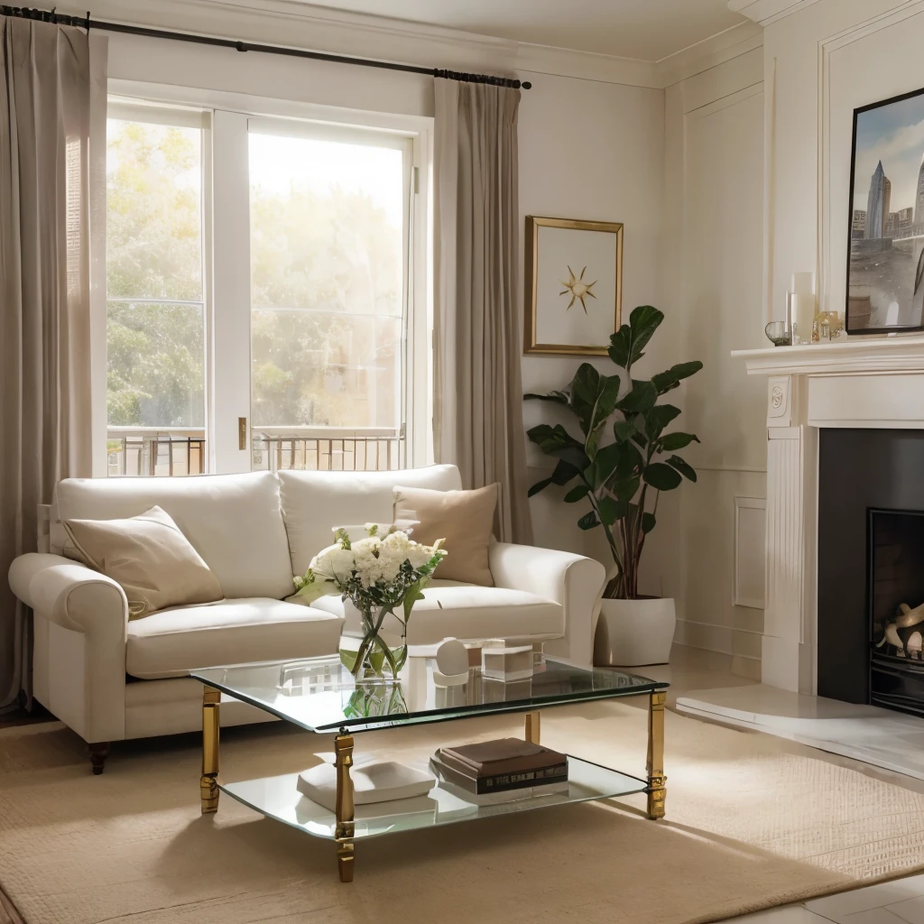 Beautiful room Ultra realistic, conformable, harmony, warm, cozy, a white armchair Ultra realistic, a coffee table made of Ultra realistic, a glass vase on the table Ultra realistic, pictures of flowers Ultra realistic, large windows Ultra realistic