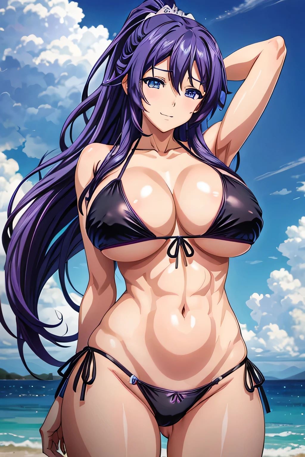 anime girl in a bikini, oppai, big breasts!, oppai proportions, big breasts!!, with a large breasts, abs, huge breasts, abs, sky background, bending over viewer, smiling, makoto shinka, seductive anime girl, by Kentaro Miura, with large breasts, biomechanical oppai, sfw huge breasts, big breasts, realistic bikini, large breasts, marin kitagawa fanart, a sexy woman with purple hair, very large breasts, black bikini, purple hair, blue eyes, navel, black bikini, huge breasts, cleavage, long hair, ponytail