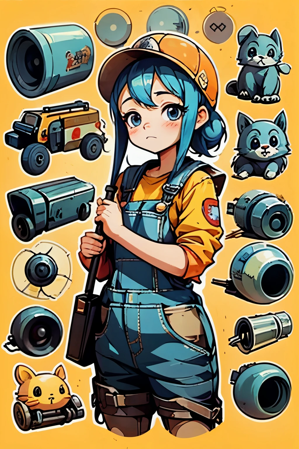 Anime girl in a workshop, wrench in hand, focused expression, squeaking tires, carburetor adjustment, oil stains on overalls, toolbox open, grease-monkey cap, blueprint spread on the table, engine parts line up, assembling, welding torch sparking, "Let's create a car from scratch!"
