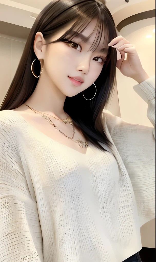 photo-realistic,Super adopted,1 young beautiful korean girl, distant gaze, OOTD,Hip-hop style clothing,round and young face,full accessories,necklace,Big, clear and gentle eyes,long eyelashes,slim waist,Light Makeup,clean teeth, smiled a little. colored hair, Upper body, (Low - Angle)