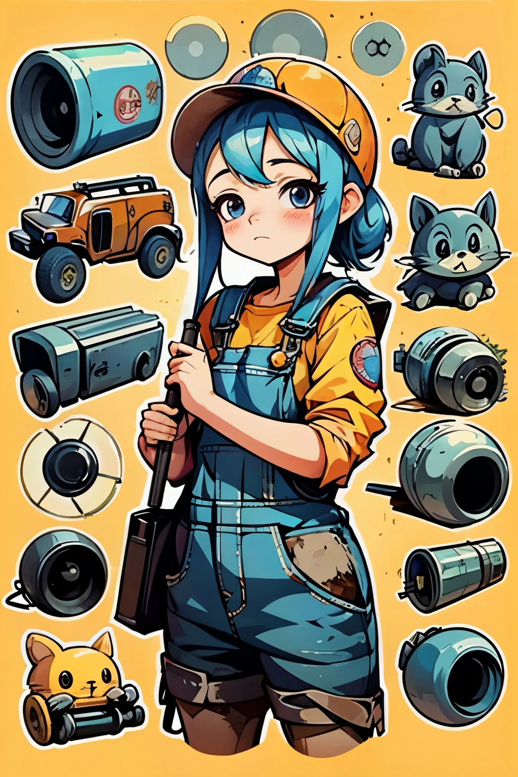 Anime girl in a workshop, wrench in hand, focused expression, squeaking tires, carburetor adjustment, oil stains on overalls, toolbox open, grease-monkey cap, blueprint spread on the table, engine parts line up, assembling, welding torch sparking, "Let's create a car from scratch!"
