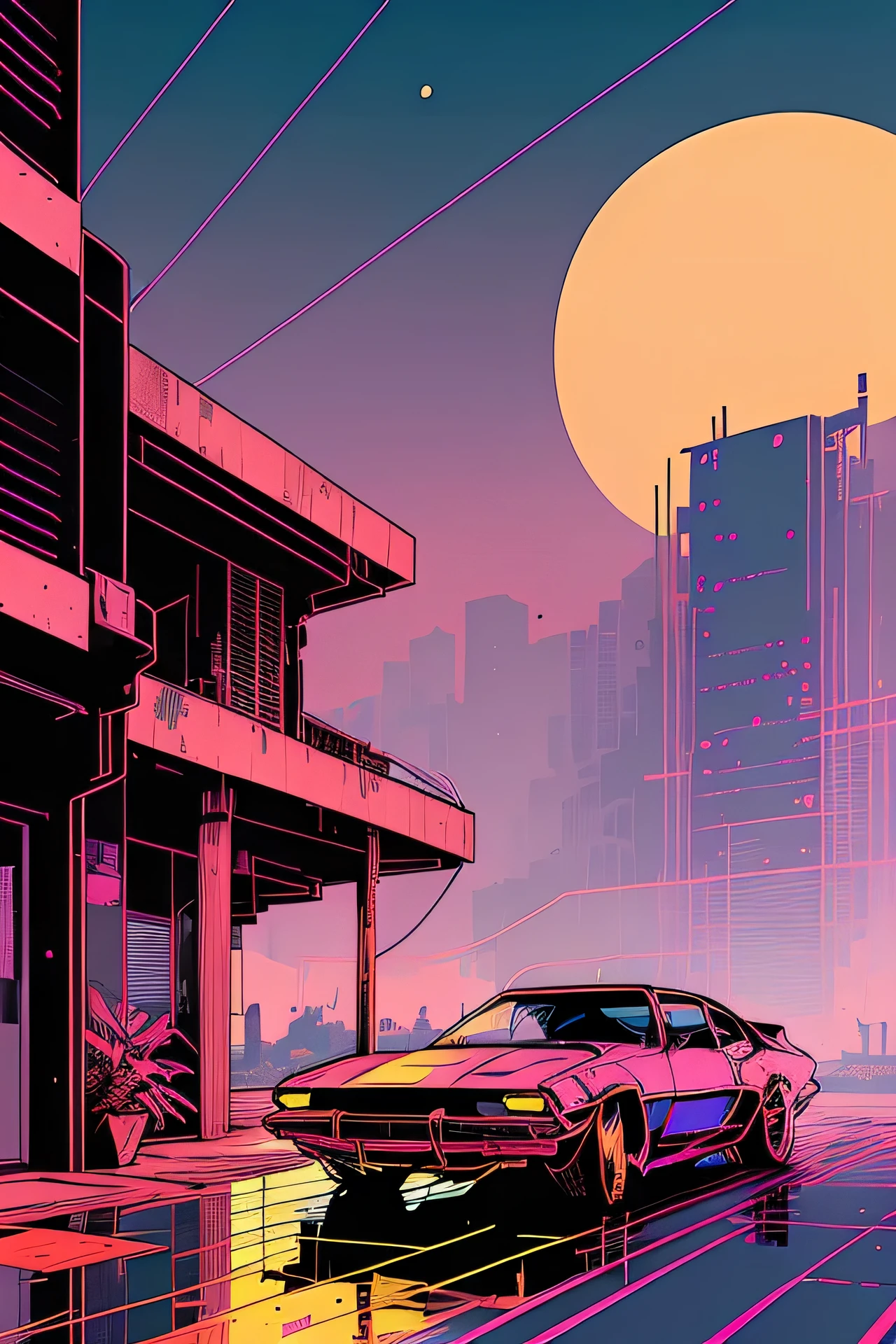 (nvinkpunk:1.2) (estilo retroeave:0.8) corveta, Onda de luz, Sunset, intricado, altamente detalhado