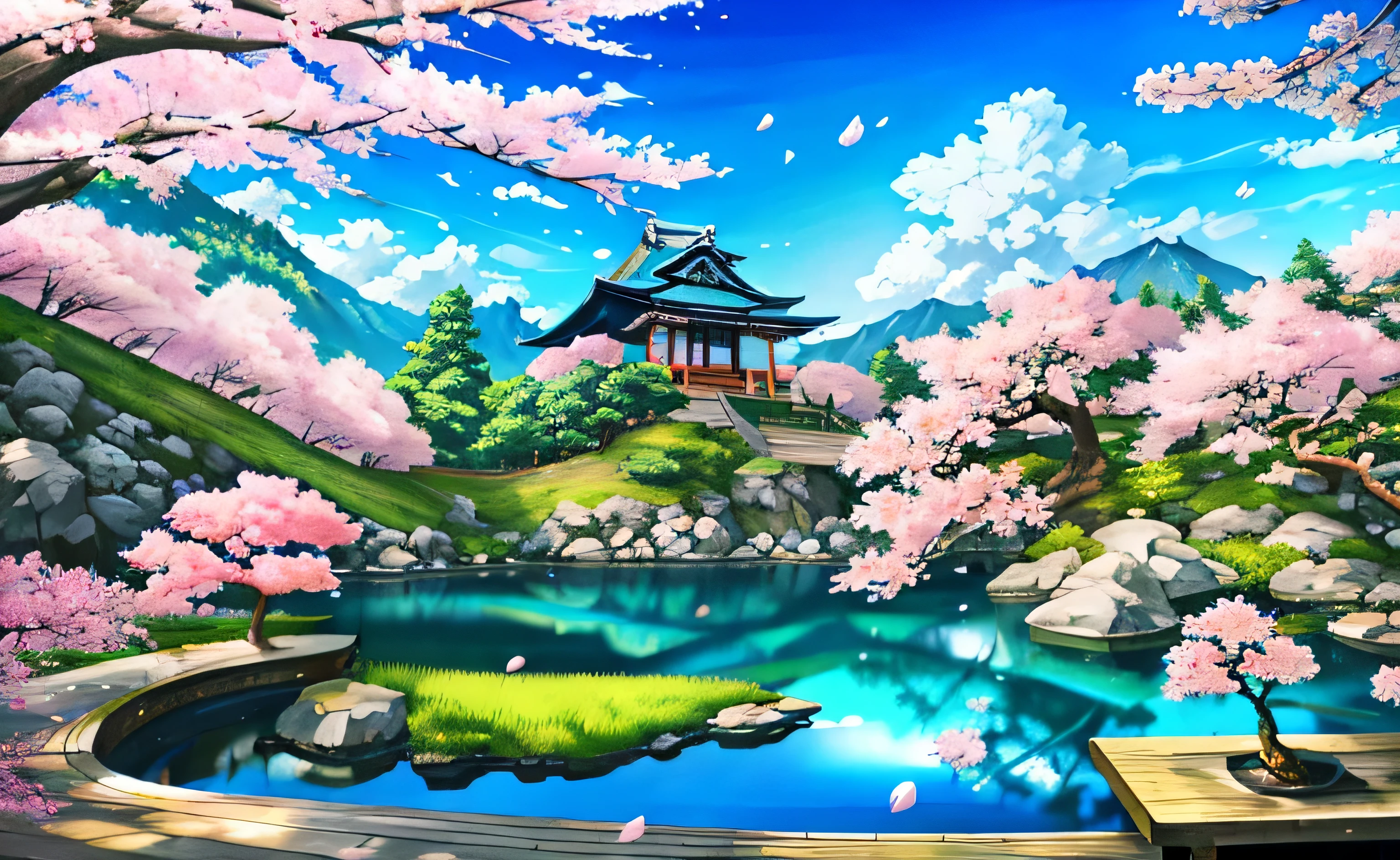 masterpiece, 最high quality, high quality,very detailed、blue sky、landscape、cherry blossoms、Japanese garden、genuine、Super detailed、