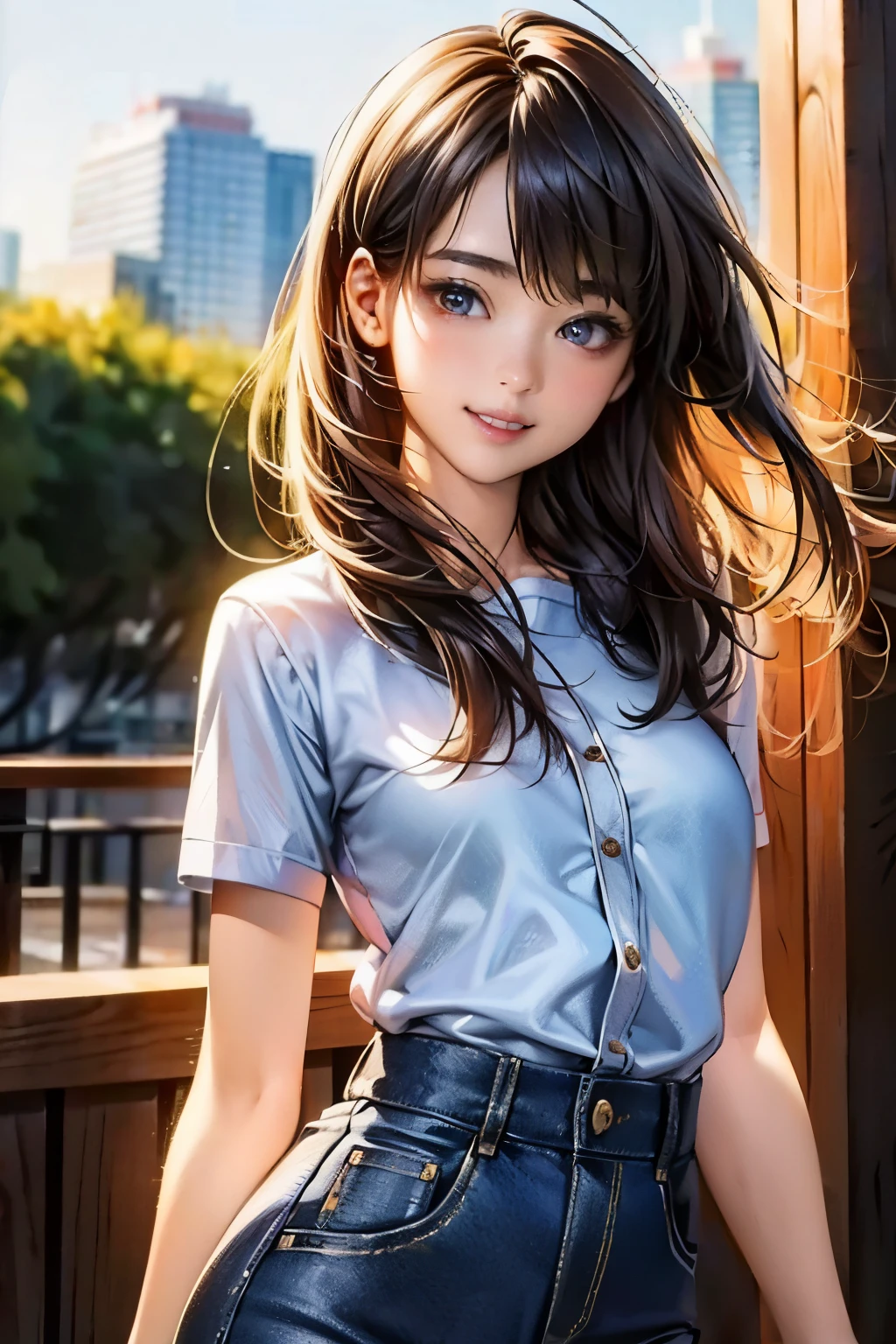 (8K, Raw photo, highest quality, masterpiece:1.2), (realistic, photo-realistic:1.37), Super detailed, ultra high resolution,1 girl,looking at the viewer,beautiful and detailed face,smile,narrow,(slim waist:1.3),shirt, Beautiful and smooth skin, skin texture, floating hair,professional lighting,