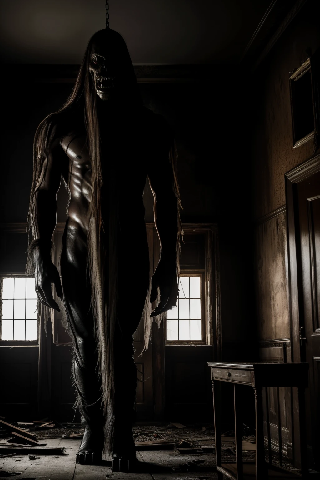 A chilling, cinematic image of a black-haired monster with a twisted, menacing face and long, flowing locks. In the background, the monster stands in a dimly lit, abandoned house, where the only source of light comes from a broken mirror with a blood-stained hand reaching out. The overall atmosphere is eerie and suspenseful, with a sense of impending doom hanging heavy in the air. The monster's eyes gleam with an otherworldly intensity, and its breathing can be heard echoing through the abandoned rooms. The image is captured in high definition, with every detail vividly brought to life - from the monster's grotesque features to the peeling wallpaper and