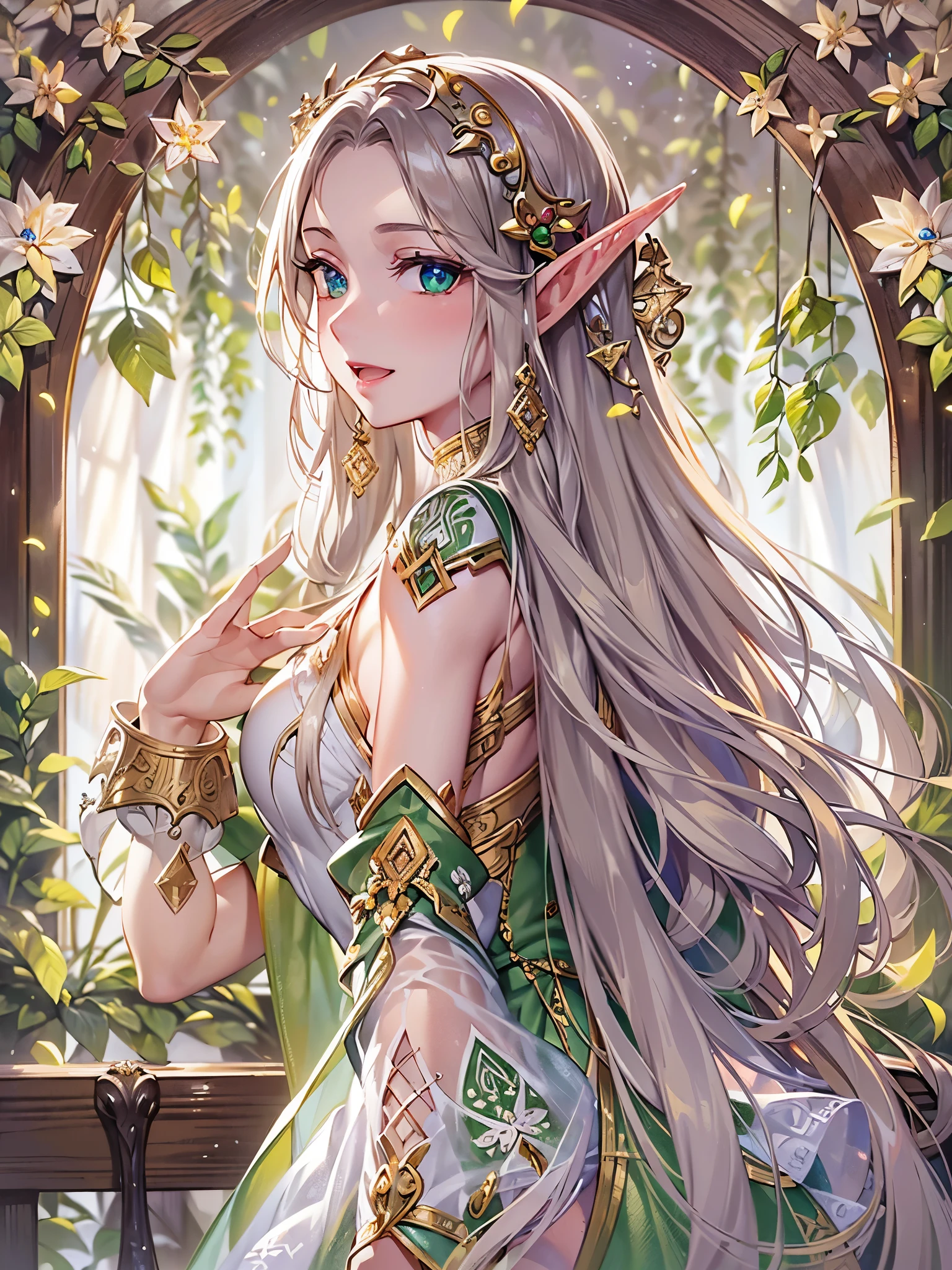 ((highest quality)),(ultra high resolution),(Super detailed),(detailed description),((best CG)),(best work of art),super precision art,amazing drawing art,(Fantasy art with precise details:1.5), (female elf:1.7),(long hair:1.4),(detailed embroidery:1.5),(luxury corset dress:1.6),smile:1.5,clear:1.6, Relax in the moonlit spring:1.7,The light of fireflies flying around:1.6