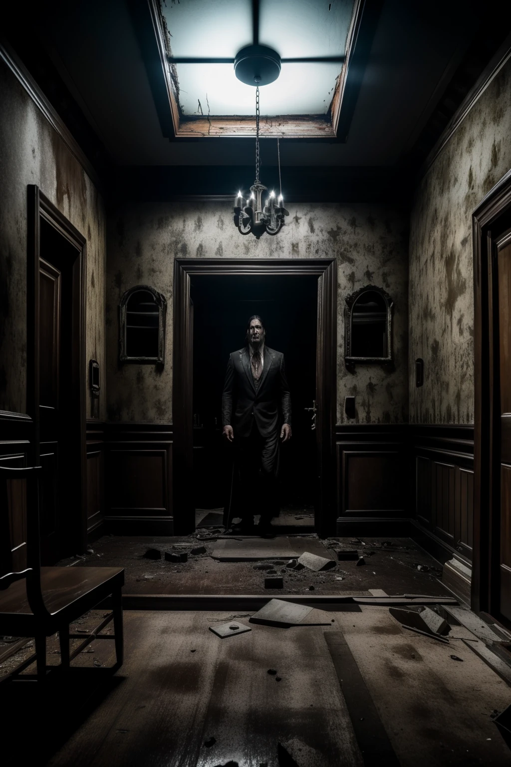 A chilling, cinematic image of a black-haired monster with a twisted, menacing face and long, flowing locks. In the background, the monster stands in a dimly lit, abandoned house, where the only source of light comes from a broken mirror with a blood-stained hand reaching out. The overall atmosphere is eerie and suspenseful, with a sense of impending doom hanging heavy in the air. The monster's eyes gleam with an otherworldly intensity, and its breathing can be heard echoing through the abandoned rooms. The image is captured in high definition, with every detail vividly brought to life - from the monster's grotesque features to the peeling wallpaper and