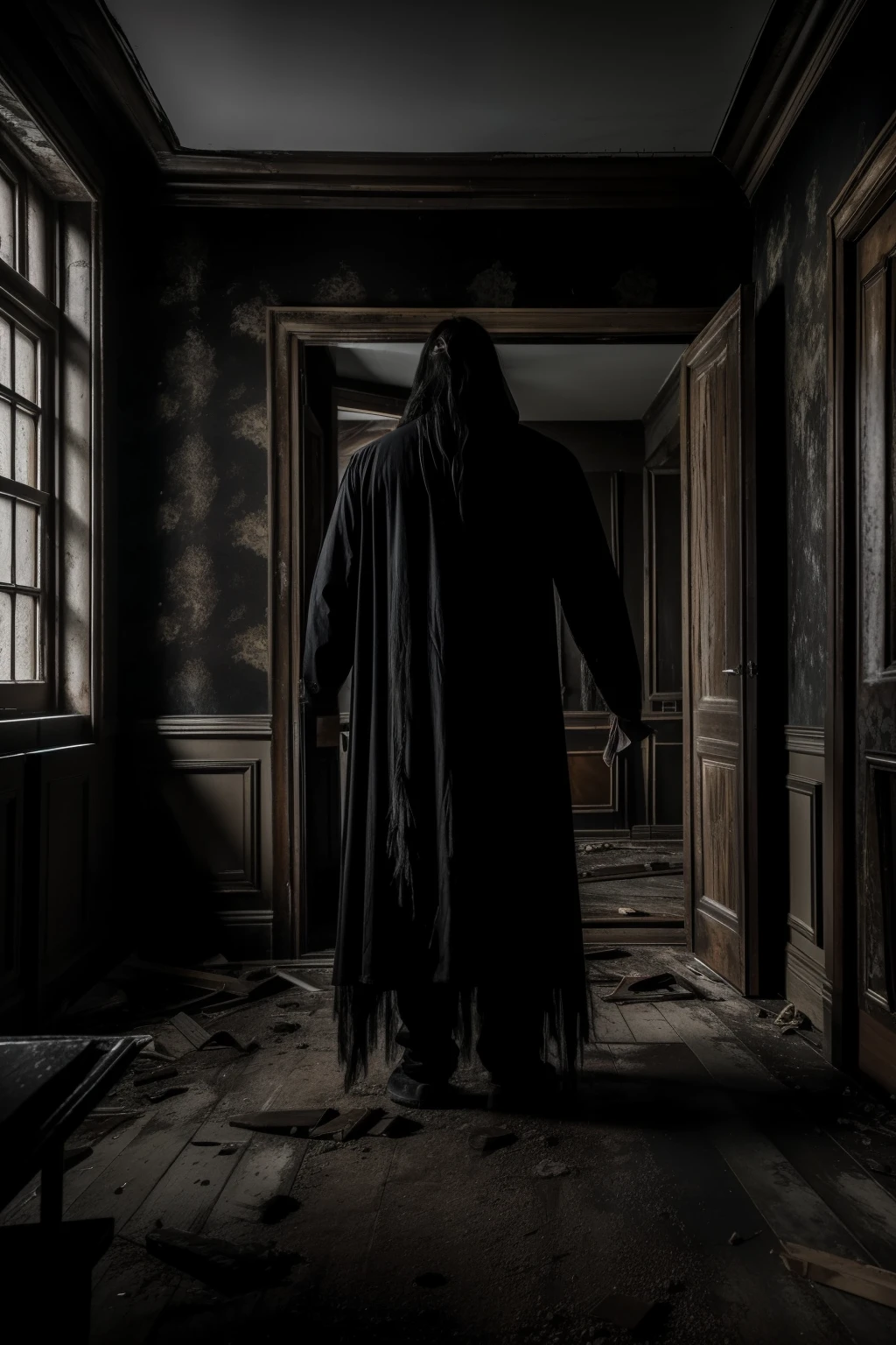 A chilling, cinematic image of a black-haired monster with a twisted, menacing face and long, flowing locks. In the background, the monster stands in a dimly lit, abandoned house, where the only source of light comes from a broken mirror with a blood-stained hand reaching out. The overall atmosphere is eerie and suspenseful, with a sense of impending doom hanging heavy in the air. The monster's eyes gleam with an otherworldly intensity, and its breathing can be heard echoing through the abandoned rooms. The image is captured in high definition, with every detail vividly brought to life - from the monster's grotesque features to the peeling wallpaper and