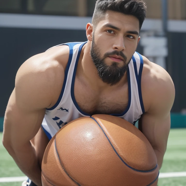 A man stands on the grass, Muscular!!, a Muscular, 8k 50mm ISO 10, 🚿🗝📝, Okan , wearing volleyball jersey, k hd, advertisement picture, professional sports style, Wearing NBA jersey, Muscular!, , Muscular!!!188cm!Single Eyelids!,with short brown hair !and a short beard, Only shorts!(Show hairy chest muscles), ), (Use a short beard,) headspace!Charming and serious look, ((Stand on the basketball court)), Muscular!, Close shave and secure fit, (High quality, photorealistic image),! ((quality, 8K, tmasterpiece), super k hd photos, (Details on the face, skin textures, Ultra-detailed body:1.1)High body hair!A high resolution, tmasterpiece, muscular、Short hair details、NSFW、Spacious size、Correct limb sculpting fingers)The skin is really dark!The skin is real!Authentic texture、Camera close to the ground!!Straw sandals background scatter 1.2) training