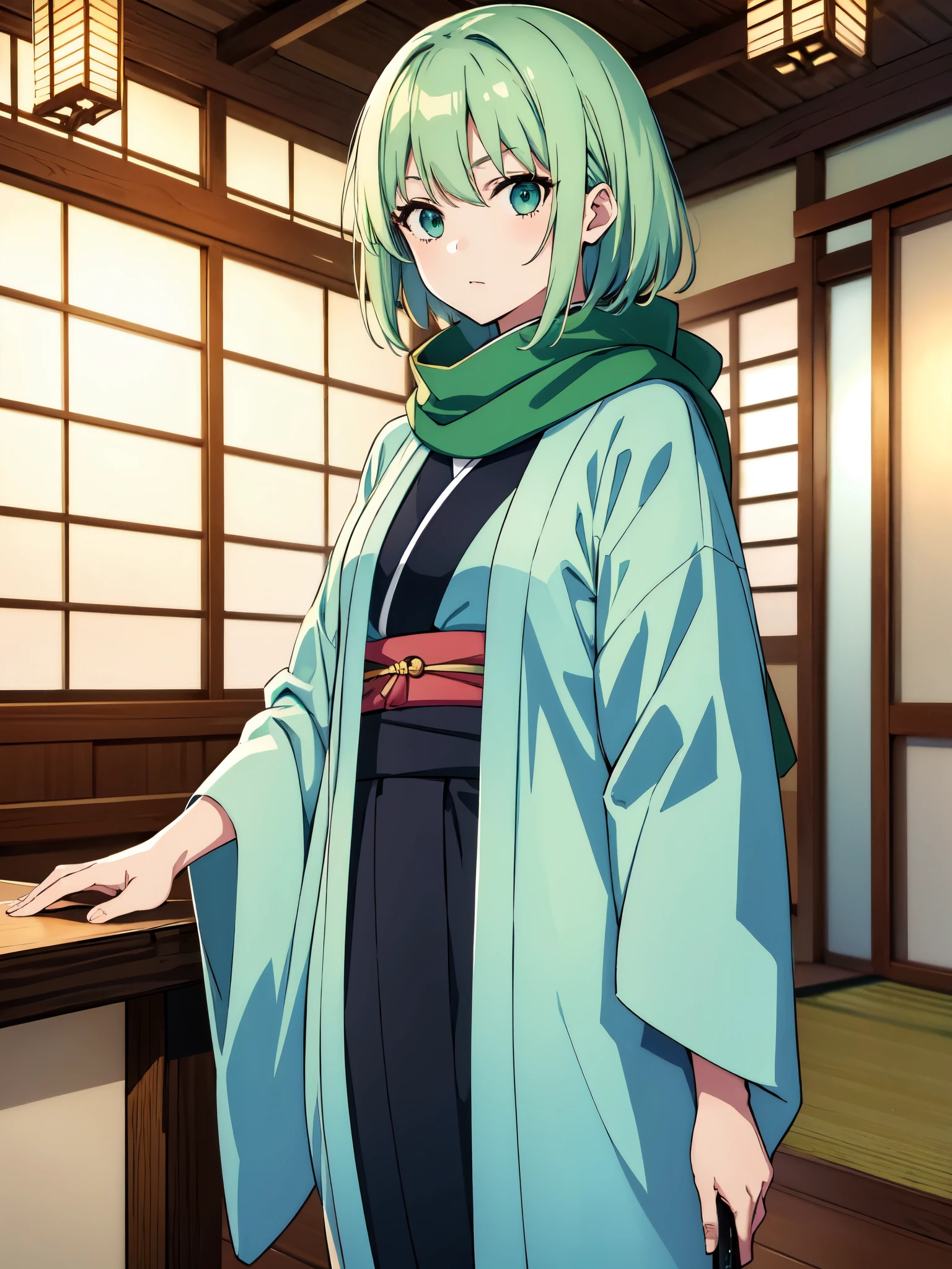 masterpiece, best quality, highres, 1girl, short green pastel hair, kimono, looking at viewer, long scarf, japanese clothes, neutral face, katana