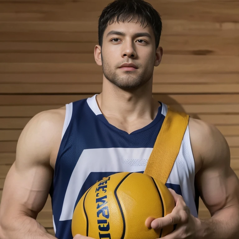 A man stands on the grass, Muscular!!, a Muscular, 8k 50mm ISO 10, 🚿🗝📝, Okan , wearing volleyball jersey, k hd, advertisement picture, professional sports style, Wearing NBA jersey, Muscular!, , Muscular!!!188cm!Single Eyelids!, with short brown hair !and a short beard, Only shorts!(Show hairy chest muscles), ), (Use a short beard,) headspace!Charming and serious look, ((Stand on the basketball court)), Muscular!, Close shave and secure fit, (High quality, photorealistic image),! ((quality, 8K, tmasterpiece), super k hd photos, (Details on the face, skin textures, Ultra-detailed body:1.1)High body hair!A high resolution, tmasterpiece, muscular、Short hair details、NSFW、Spacious size、Correct limb sculpting fingers)The skin is really dark!The skin is real!Authentic texture、Camera close to the ground!!Straw sandals background scatter 1.2) training