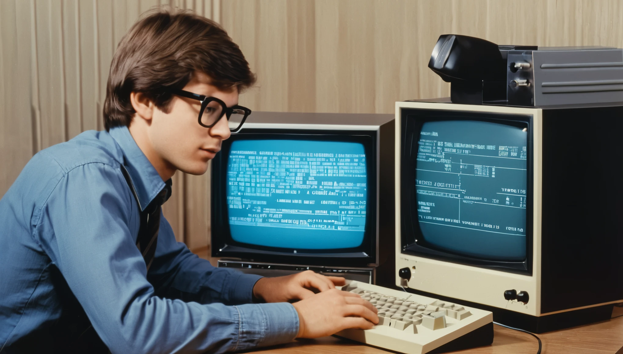 From side, Analog photography. A 1970 .young geek software developer in front of his personal computer. Cathodic screen
