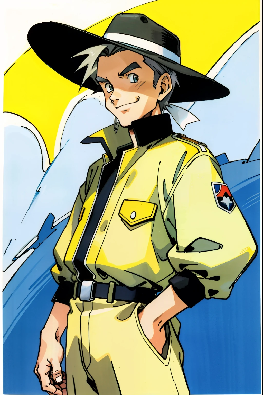by Ken Sugimori, sugimori 1990s, ((only 1man)), older man, smiling, mountaineer, thick jacket, sun hat ((hands behind their back)), full black pupils, manga, best quality, highly detailed, clean lines, cowboy shot, good hands, good eyes, hd, 8k, professional, symmetrical, hires, 8k,