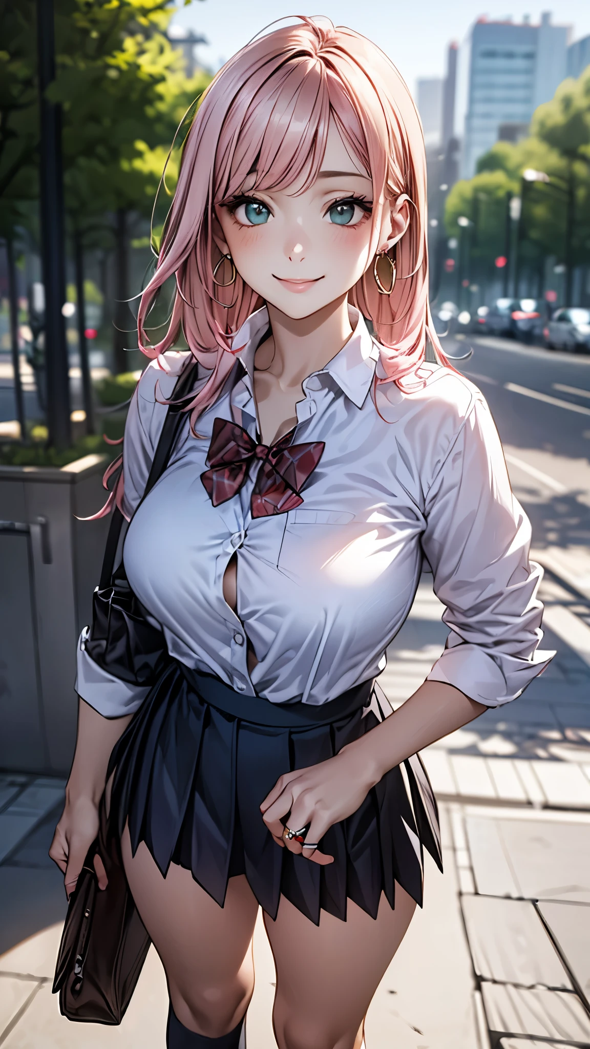 (masterpiece:1.2, top-quality), (realistic, photorealistic:1.4), beautiful illustration, (natural side lighting, movie lighting),
looking at viewer, cowboy shot, front view:0.6, 1 girl, japanese, high school girl, perfect face, cute and symmetrical face, shiny skin,
(long hair:1.8, straight hair:1.7, light pink hair), parted bangs, emerald green eyes, long eye lasher, (large breasts:0.9, thick thighs),
beautiful hair, beautiful face, beautiful detailed eyes, beautiful clavicle, beautiful body, beautiful chest, beautiful thigh, beautiful legs, beautiful fingers,
((white collared shirts, grey pleated mini skirt, , black socks, brown loafers, red bow tie)), hoop ring earrings, pink panties,
(beautiful scenery), evening, riverside, walking, hands on chest, (lovely smile, upper eyes),