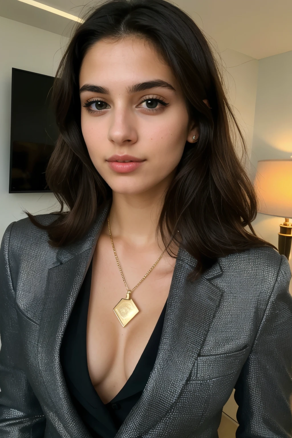 Spanish mix France 23 years old girl, she has pretty detailed green eyes (1 eye is a little bit smaller than the other) , long wavy brown hair, detailed lips, realistic and detailed skin . she looks smart strong , attractive , sexy ,naive and mysterious stunningly rapturously gorgeous,,. She is wearing a tiny golden necklace, a powerful expensive black suit. she is bored in a meeting in her office at 87th floor hard shadows, daily pictures, dramatic lighting, ultra-realistic,, very detailed.